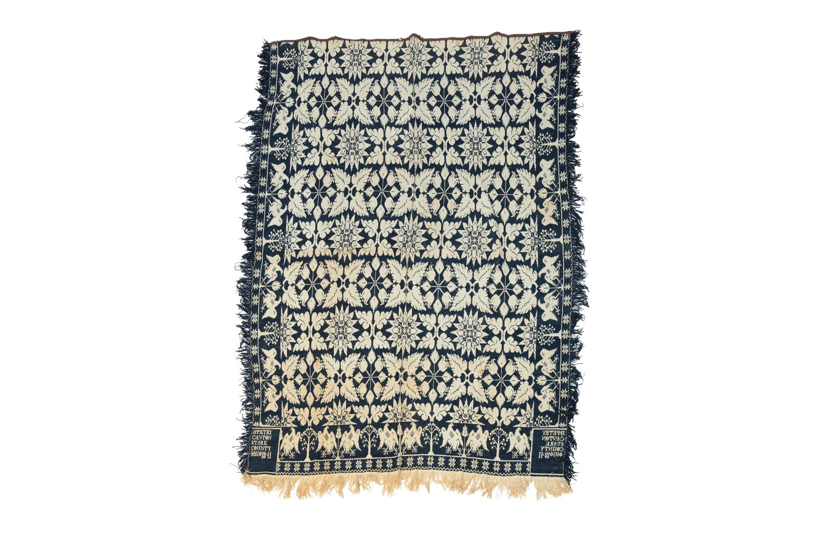 HENRY PETRY (CANTON, STARK COUNTY, OHIO) SUMMER-WINTER JACQUARD COVERLET DATED 1841.: HENRY PETRY (CANTON, STARK COUNTY, OHIO) SUMMER-WINTER JACQUARD COVERLET DATED 1841. American, 19th Century. In blue and white, field filled with medallions of flowers and leaves, and acorn stars with