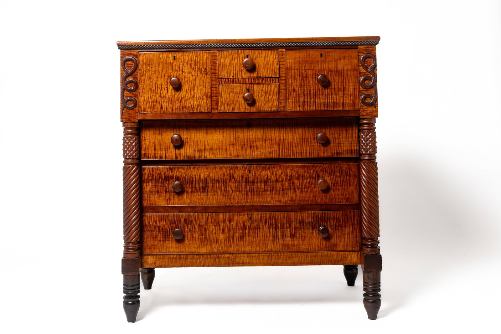 SCARCE AND UNUSUAL OHIO FOLK ART EMPIRE TIGER MAPLE AND CHERRY BONNET CHEST WITH CARVED SNAKES (1 of 8)