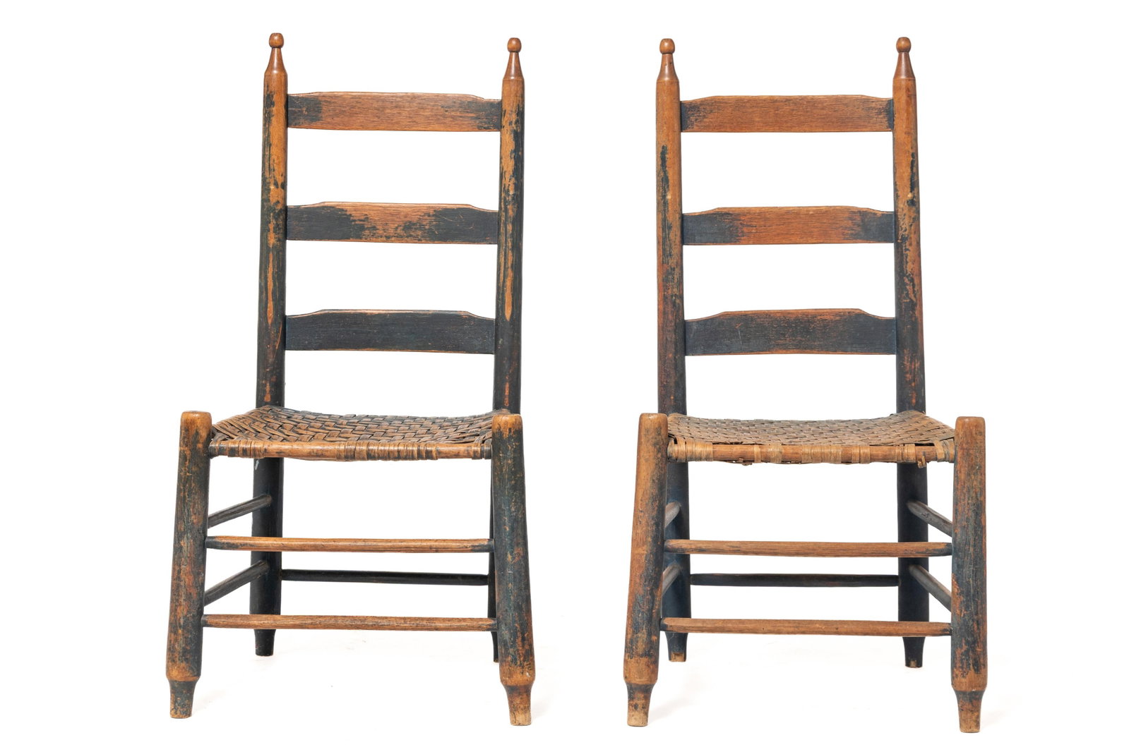 PAIR OF KENTUCKY SHAKER LADDERBACK SIDE CHAIRS IN ORIGINAL BLUE PAINT.: PAIR OF KENTUCKY SHAKER LADDERBACK SIDE CHAIRS IN ORIGINAL BLUE PAINT. American, 19th Century. Mixed woods. Each having three horizontal backslats flanked by turned stiles with ball finials above a sp