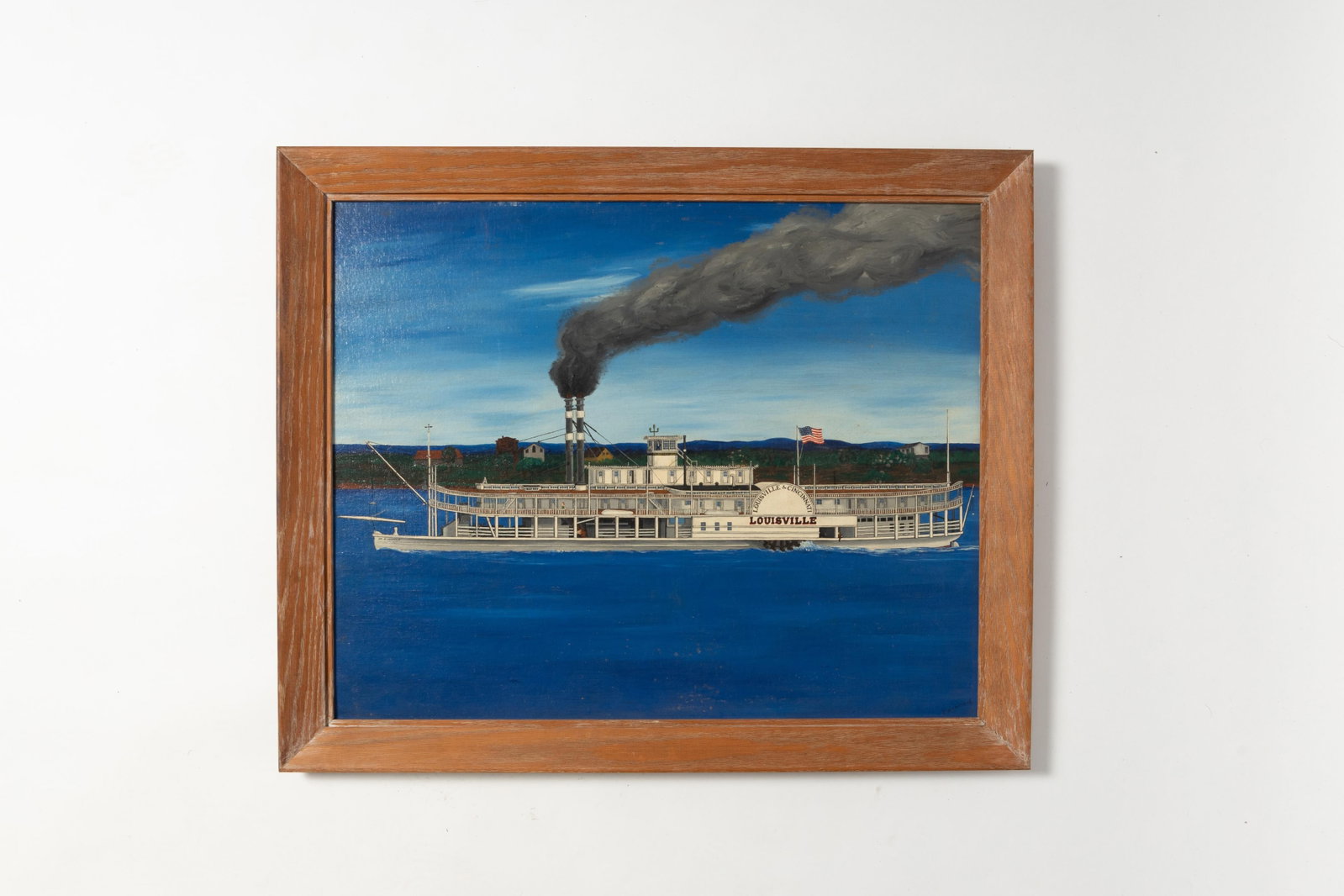 OIL ON ARTIST BOARD OF SIDEWHEEL STEAMER CITY OF LOUISVILLE SIGNED PARNARD.: OIL ON ARTIST BOARD OF SIDEWHEEL STEAMER CITY OF LOUISVILLE SIGNED PARNARD. American, mid- 20th Century. Broadside view of the famous packet underway, done in vibrant colors. Sight, 24"h. 30"w. Framed