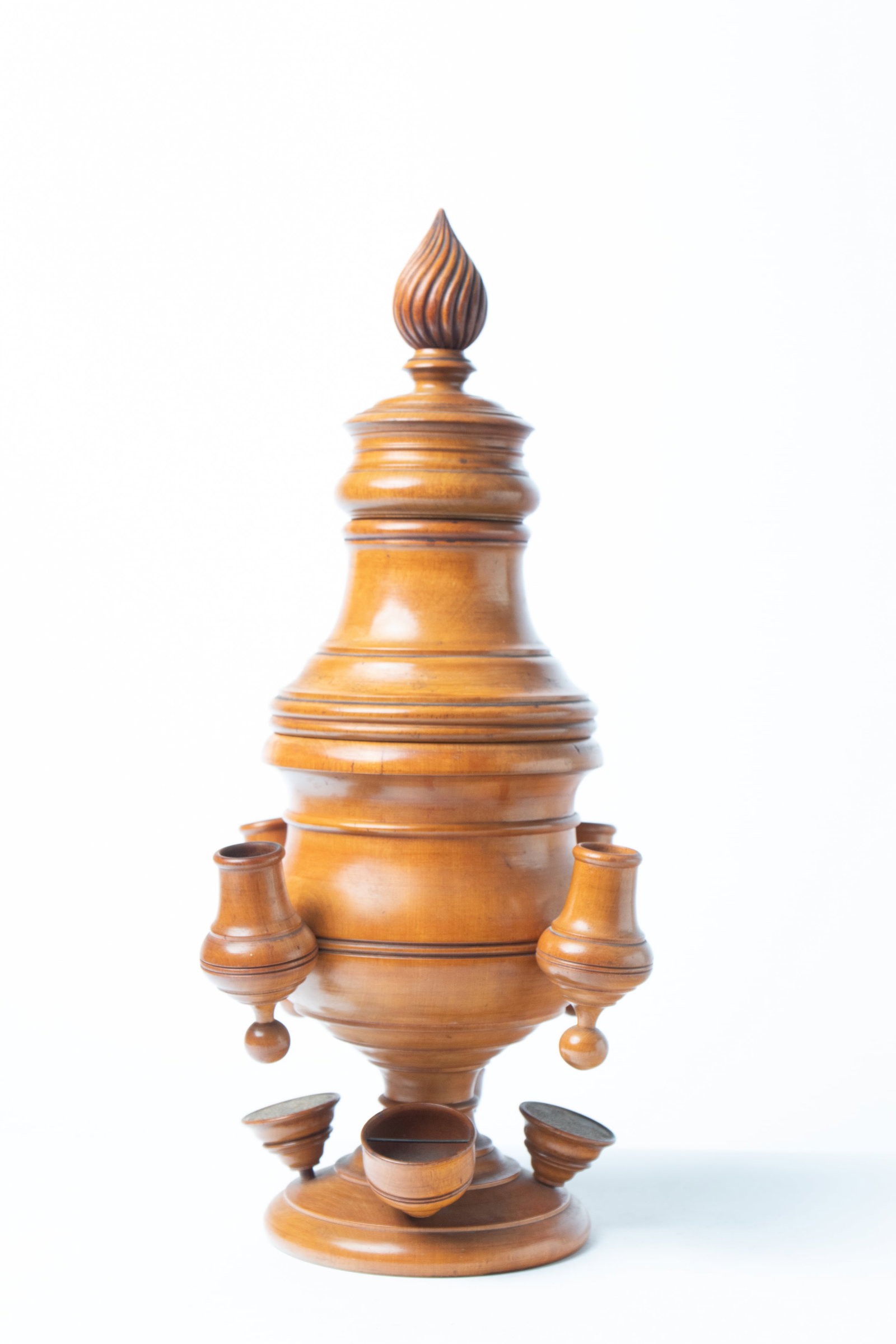 SCARCE, POSSIBLY UNIQUE, LARGE PEASE PRESENTATION HUMIDOR.: SCARCE, POSSIBLY UNIQUE, LARGE PEASE PRESENTATION HUMIDOR. Ohio, 19th Century. Twelve individual turned wood pieces make up the humidor in whole. Lid with flame finial, cigar holder upper compartment,