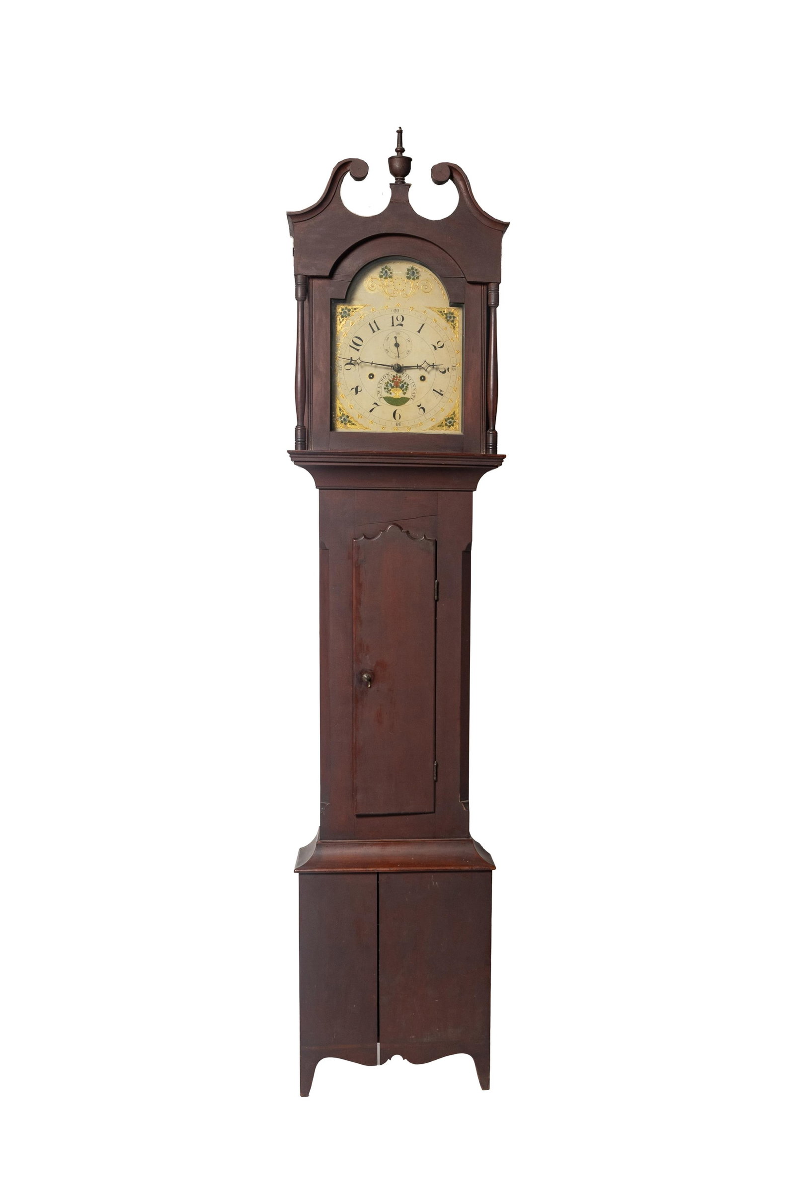LUMEN WATSON (CINCINNATI, OHIO) TALL CASE CLOCK.: LUMEN WATSON (CINCINNATI, OHIO) TALL CASE CLOCK. American, mid- 19th Century. Cherry with poplar secondary. Bonnet with broken arch pediment, turned urn finial and slender pilasters, tombstone-shaped 