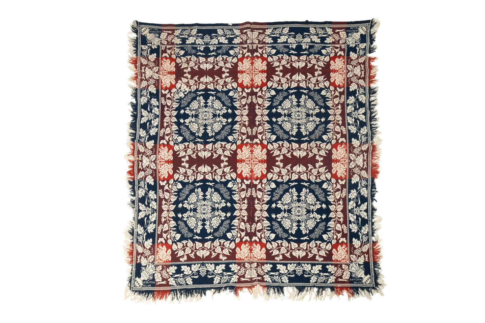 JAMES MCLERAN (SALEM, OHIO) SUMMER-WINTER JACQUARD COVERLET.: JAMES MCLERAN (SALEM, OHIO) SUMMER-WINTER JACQUARD COVERLET. American, mid- 19th Century. In purple, blue, and white background, grapevine and fox border, field with vining flowers, birds, butterflies