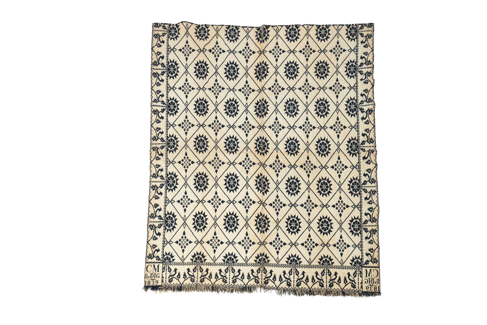DAVID ISAAC GRAVE (WAYNE COUNTY, INDIANA) JACQUARD COVERLET DATED 1839.: DAVID ISAAC GRAVE (WAYNE COUNTY, INDIANA) JACQUARD COVERLET DATED 1839. American, 19th Century. Summer-Winter coverlet in blue and white. Central field with geometric ring and star pattern with a gold