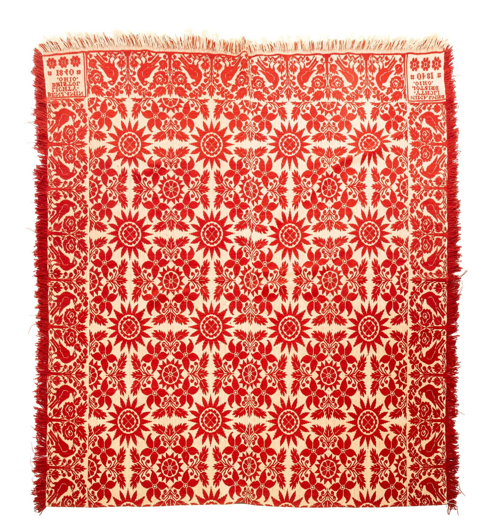 BENJAMIN LICHTY (BRISTOL, WAYNE COUNTY, OHIO) SUMMER-WINTER JACQUARD COVERLET DATED 1840. (1 of 3)