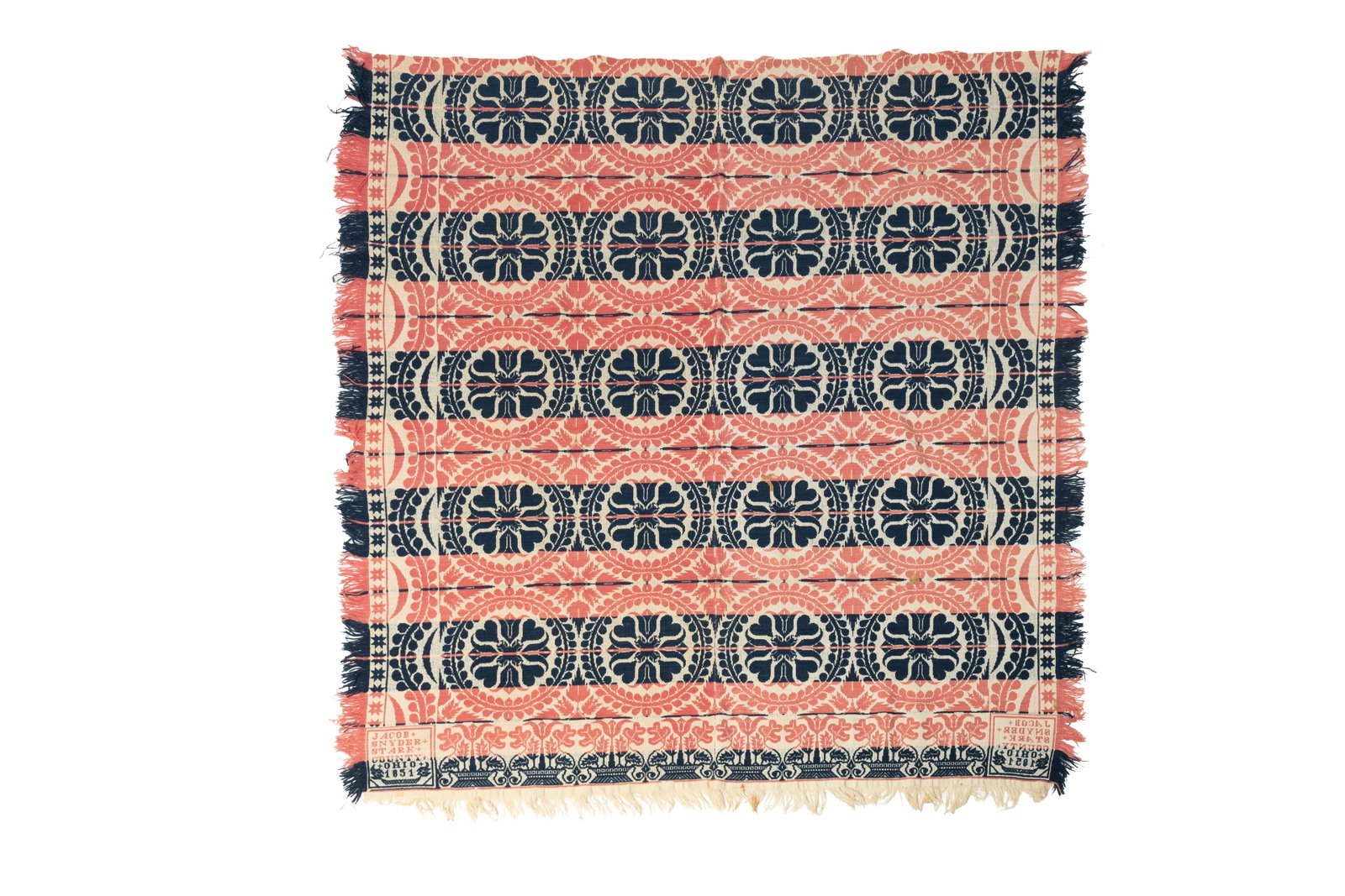 JACOB SNYDER (STARK COUNTY, OHIO) DOUBLE WEAVE JACQUARD COVERLET DATED 1851. (1 of 4)