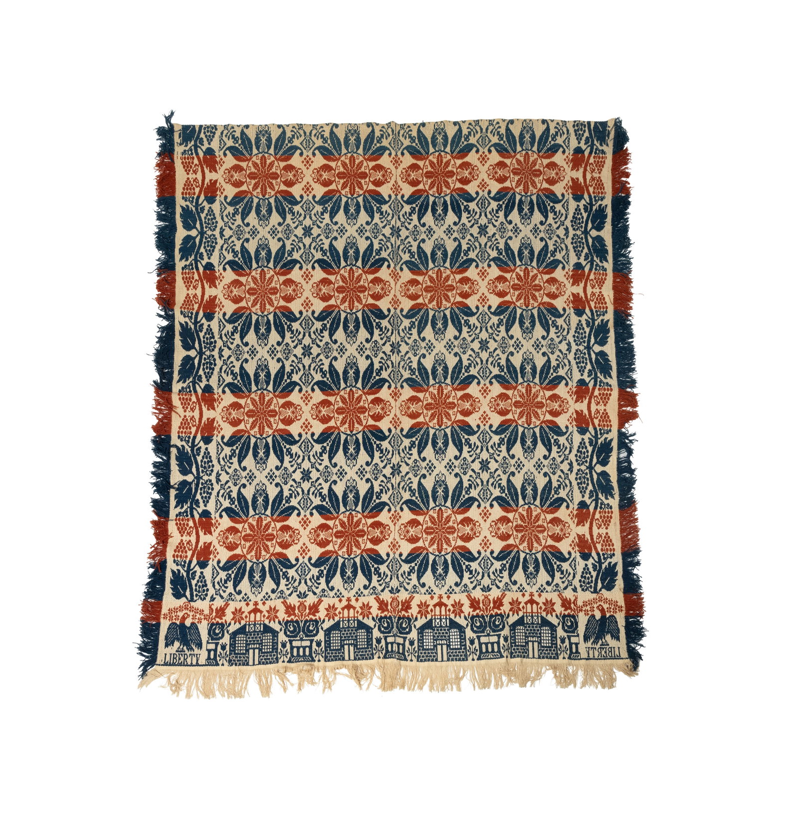 LIBERTY SUMMER-WINTER COVERLET ATTRIBUTED TO ZOAR, OHIO.: LIBERTY SUMMER-WINTER COVERLET ATTRIBUTED TO ZOAR, OHIO. American, second quarter 19th Century. In rust and blue on a cream background, vining grape side borders, church bottom border, eagle and "LIBE