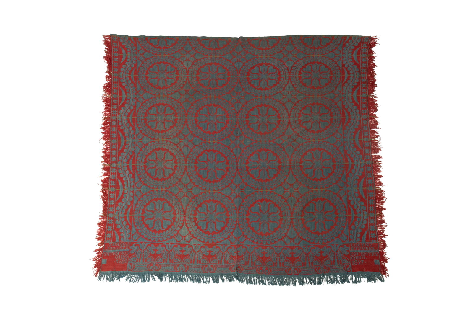 LORENZ STROBEL (COVENTRY, SUMMIT COUNTY, OHIO) DOUBLE WEAVE JACQUARD COVERLET DATED 1857. (1 of 3)