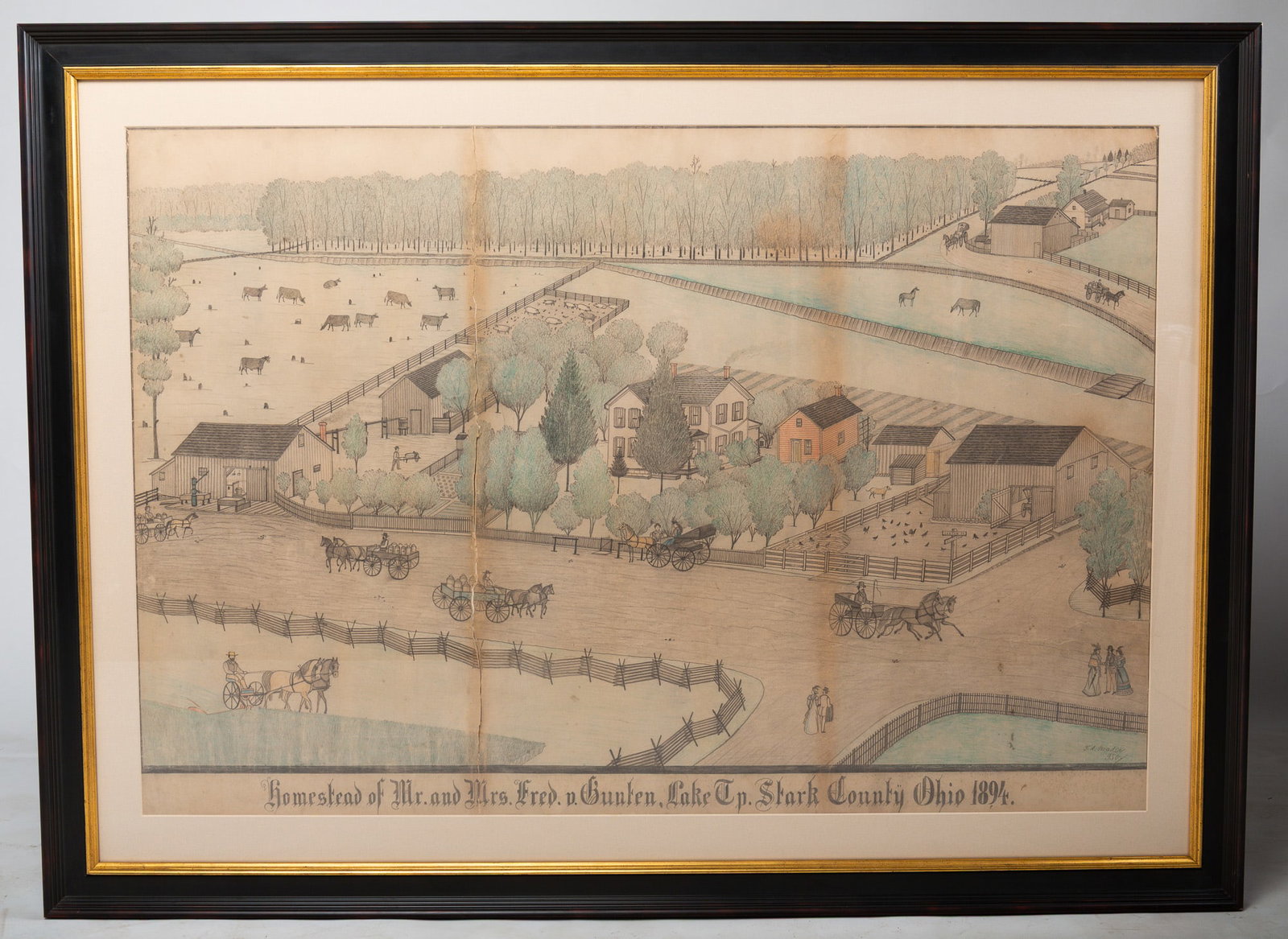 FERDINAND BRADER (PENNSYLVANIA & OHIO, 1833 - 1901), NO. 950, "HOMESTEAD OF MR. AND MRS. FRED P.: FERDINAND BRADER (PENNSYLVANIA & OHIO, 1833 - 1901), NO. 950, "HOMESTEAD OF MR. AND MRS. FRED P. GUNTON, LAKE TP, STARK COUNTY, OHIO 1894". American, 19th Century (dated 1894). Colored pencil on paper