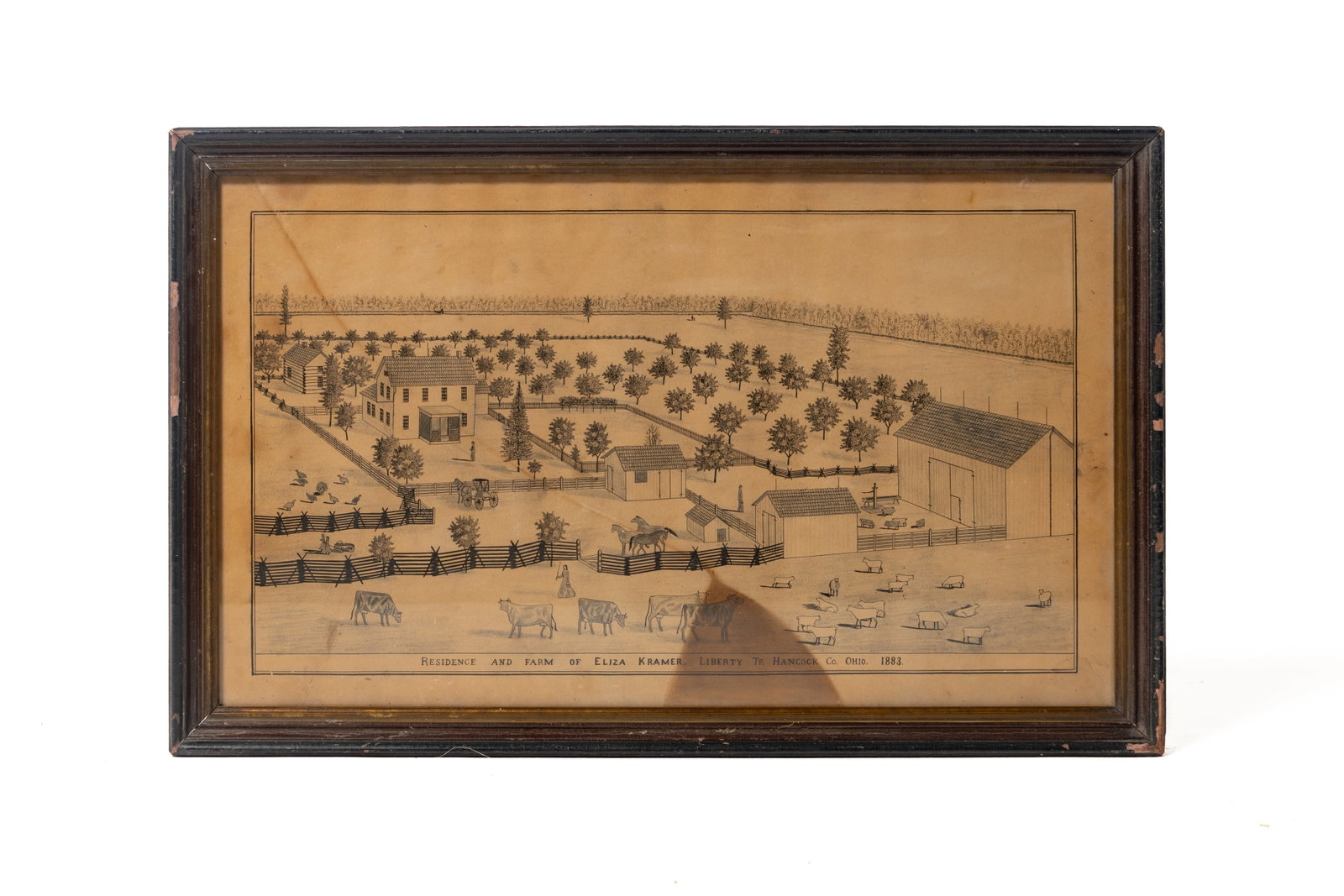 OHIO DRAWING ON PAPER OF A FARM, IN THE MANNER OF FERDINAND BRADER.: OHIO DRAWING ON PAPER OF A FARM, IN THE MANNER OF FERDINAND BRADER. American (Ohio), Dared 1883. Pencil and ink on paper. An aerial view of a farm with a house, fenced pastures, animals, a garden, and