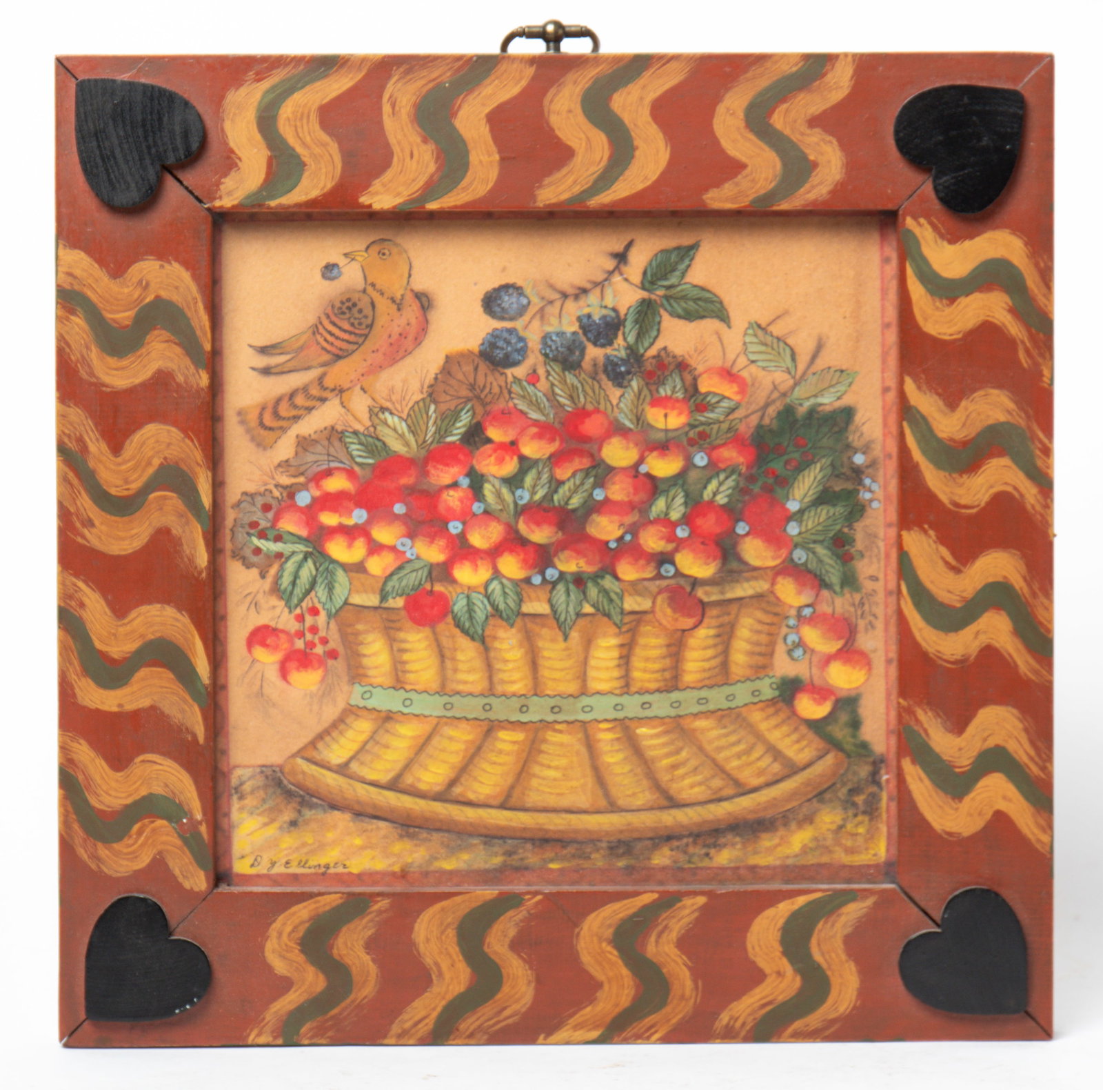 DAVID Y. ELLINGER (PENNSYLVANIA, 1913 - 2003) FOLK ART WATERCOLOR OF BASKET OF CHERRIES. (1 of 3)