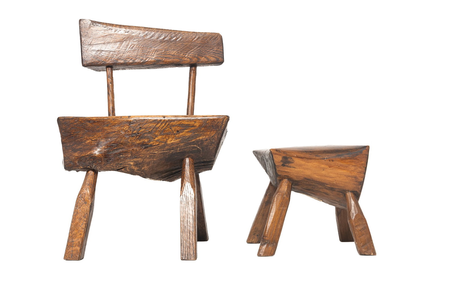 CARVED WOODEN CHAIR AND MATCHING FOOTSTOOL BY ED FASSIG. (1 of 9)