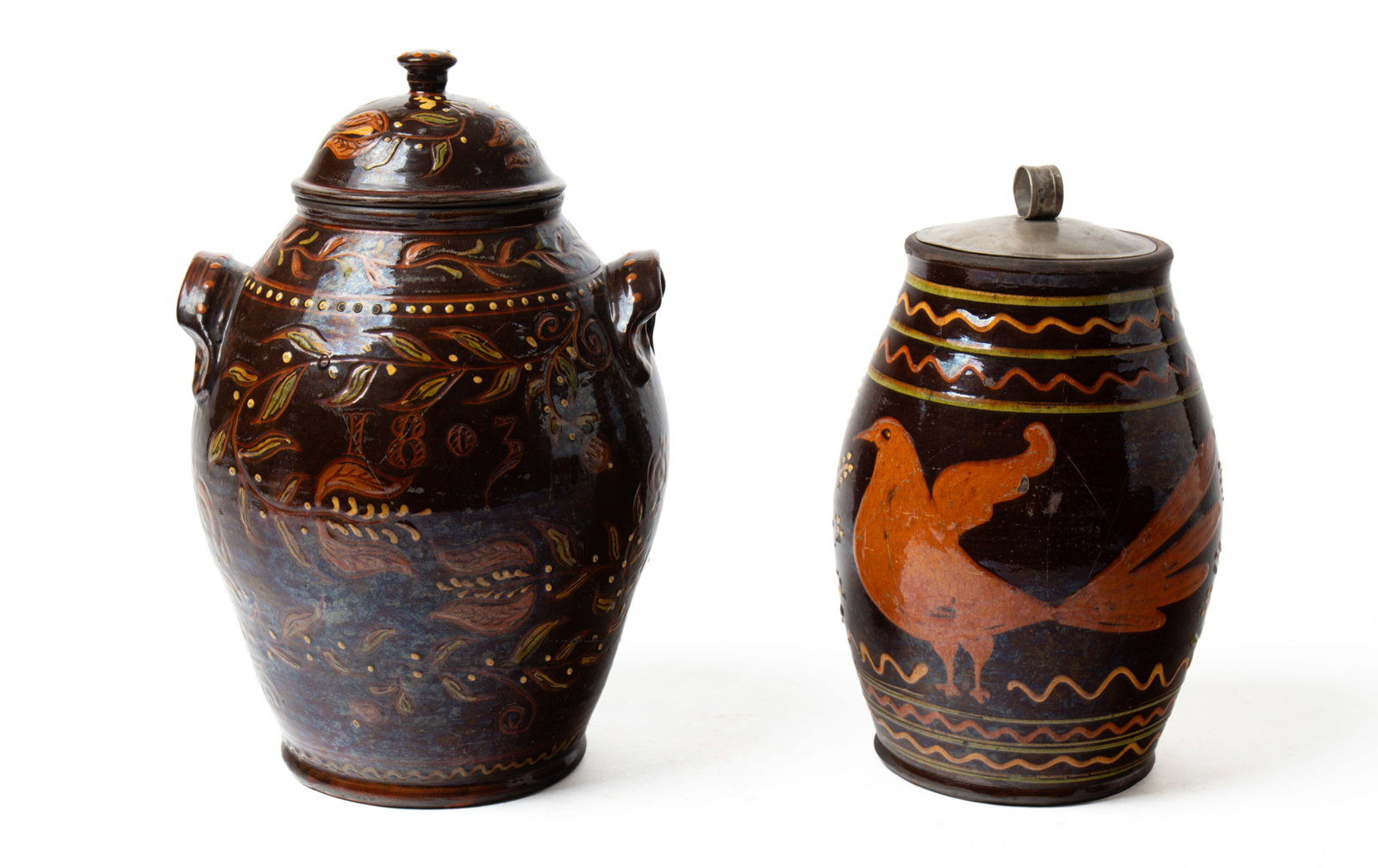 TWO GREG SHOONER (OREGONIA, OHIO, B. 1953) GLAZED REDWARE POTTERY LIDDED JARS. (1 of 9)