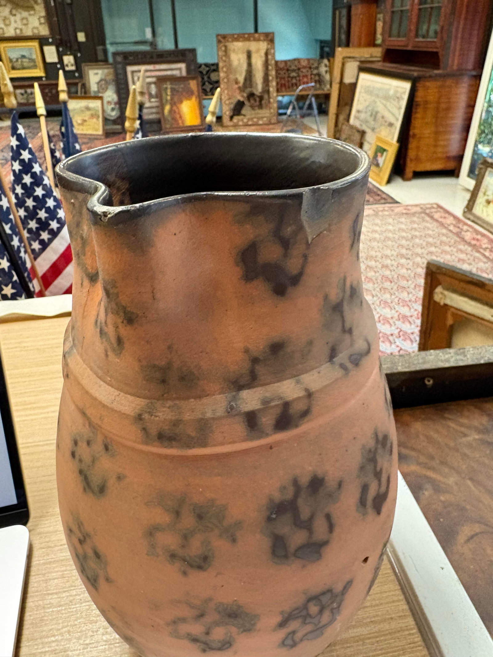 REDWARE PITCHER WITH SPONGE DECORATION. - 6