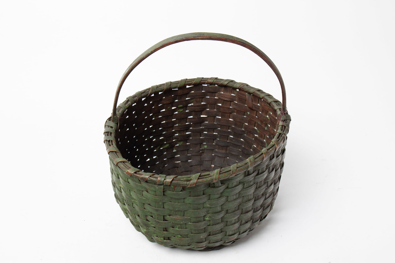 WOVEN SPLINT BASKET IN ORIGINAL GREEN PAINT. (1 of 4)