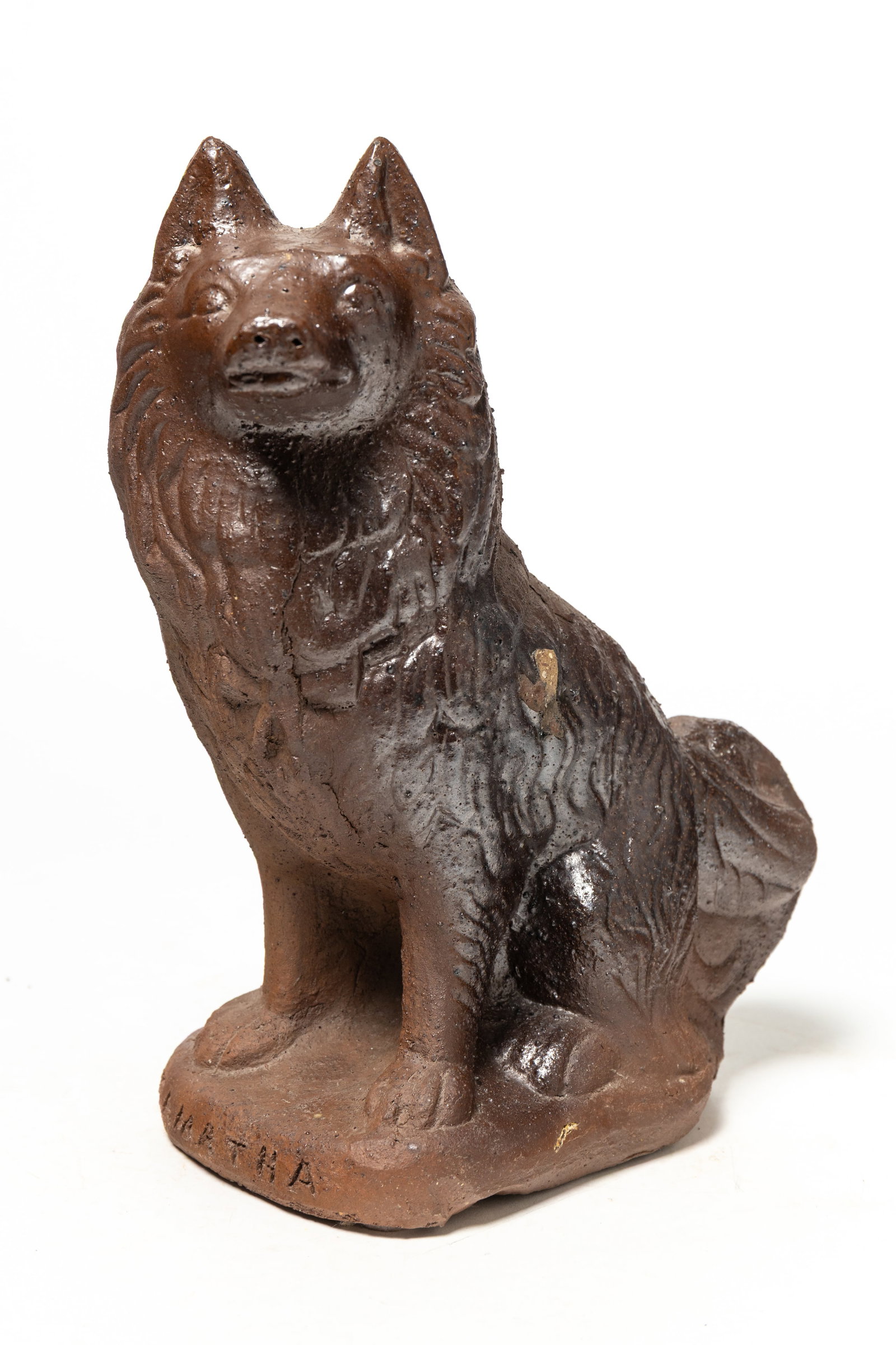 OHIO FOLKSY SEWER TILE FLAT TOP DOG.: OHIO FOLKSY SEWER TILE FLAT TOP DOG. American, 19th Century. Unusual spread-leg position with incised nose, eyes, mouth, and collar, and in a great glaze. 13.25"h. 12"w. Provenance: Nancy Goff