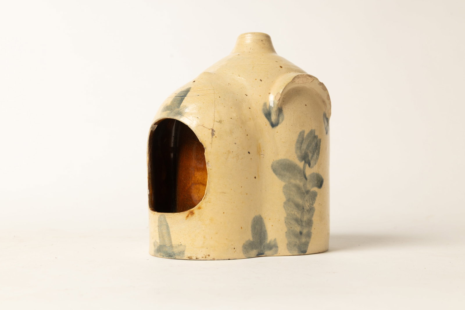 THOMAS HAIG (PHILADELPHIA, PENNSYLVANIA) COBALT-DECORATED STONEWARE CHICKEN WATERER.: THOMAS HAIG (PHILADELPHIA, PENNSYLVANIA) COBALT-DECORATED STONEWARE CHICKEN WATERER. American, 19th Century. Dome-form with flat-top finial, two lug handles, tooled neck and shoulder, watering window