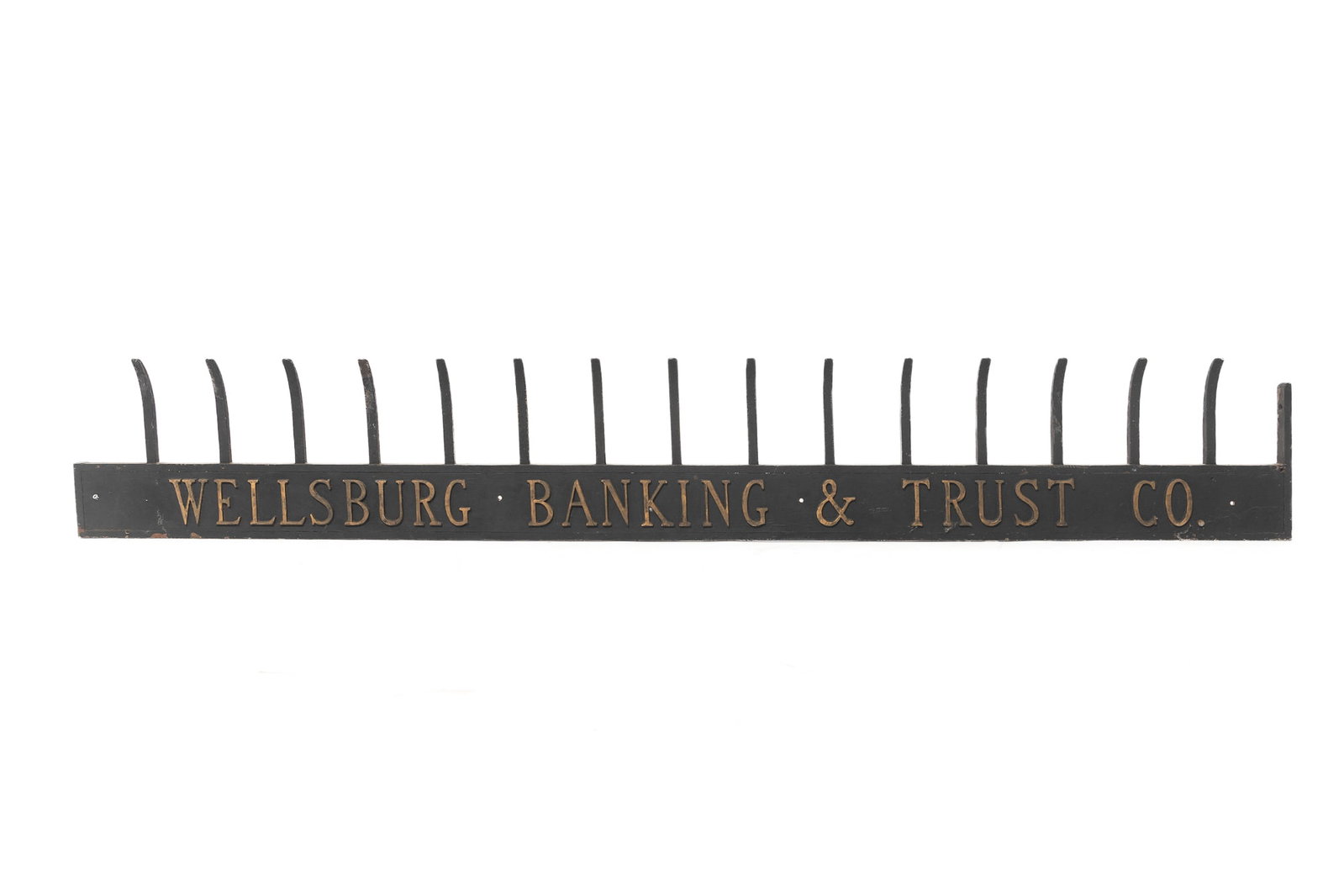LARGE BRONZE AND CAST IRON WELLSBURG BANK SIGN. (1 of 3)