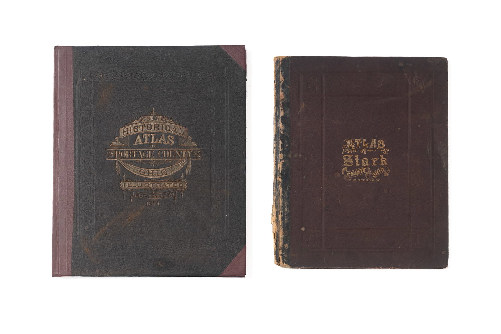TWO EARLY OHIO ATLASES: STARK AND PORTAGE COUNTY.: TWO EARLY OHIO ATLASES: STARK AND PORTAGE COUNTY. American, 19th Century. Atlas of Stark County, Ohio, from the actual surveys by and under the direction of F.W. Beers in 1870, 16"h. 13.5"w. And a His