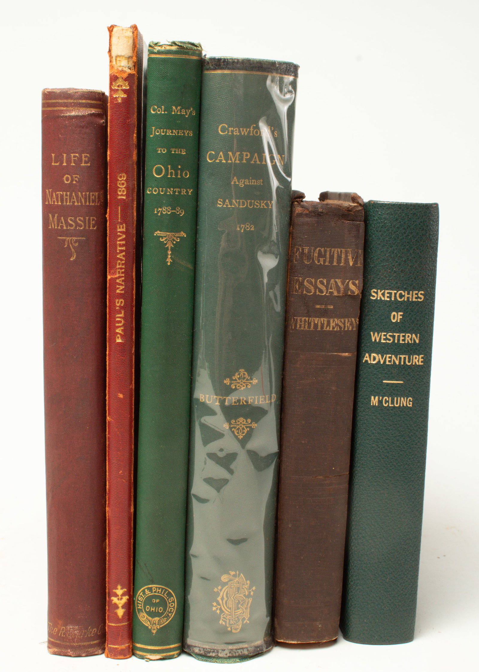 SIX BOOKS OF NORTHWEST TERRITORY HISTORY.: SIX BOOKS OF NORTHWEST TERRITORY HISTORY. American, 19th Century. "SKETCHES OF WESTERN ADVENTURE" by John A. McClung, L. Collins, Maysville, Kentucky, 1832, rebound 380 pages. "FUGITIVE ESSAYS" by Cha