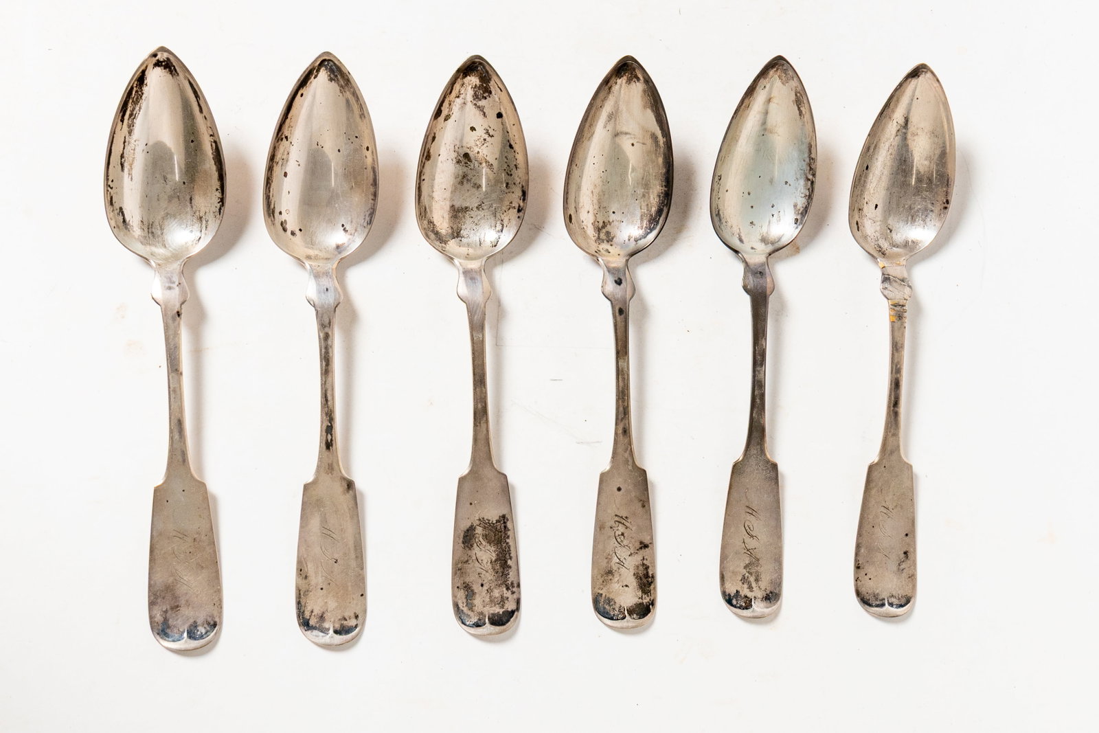 SIX G.A. JONES (AKRON OR ZANESVILLE, OHIO) COIN SILVER SERVING SPOONS. (1 of 7)