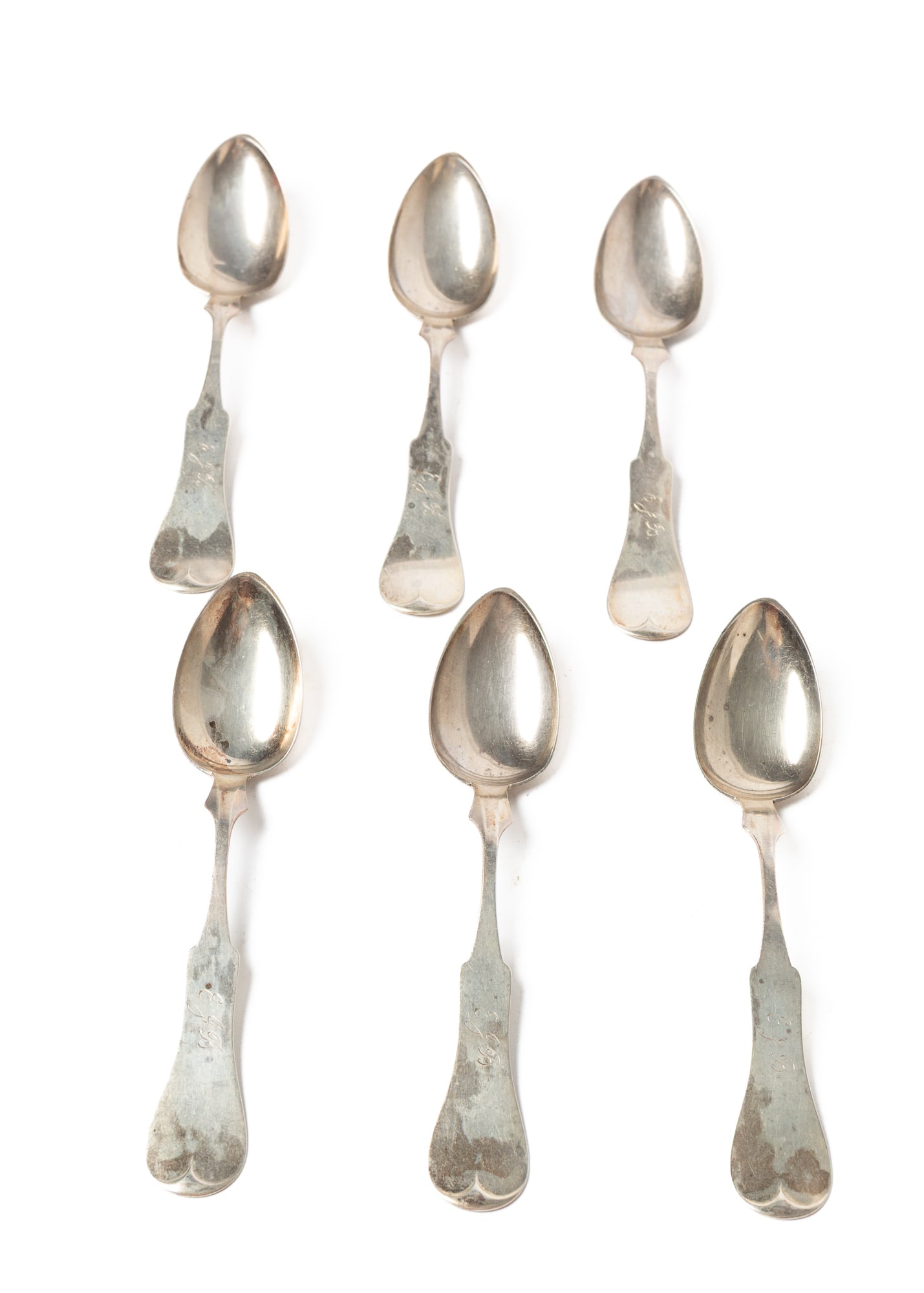 SIX DUHME (CINCINNATI, OHIO) STERLING SILVER FIDDLE BACK SERVING SPOONS. (1 of 3)