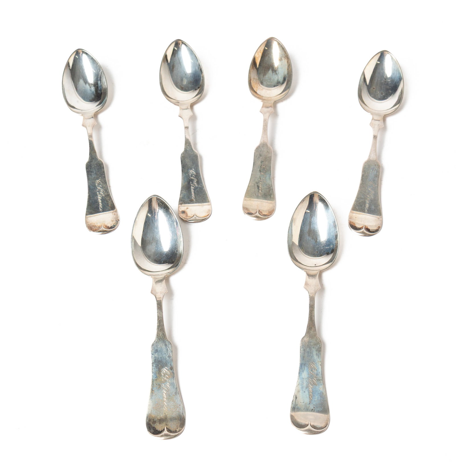 SIX DUHME (CINCINNATI, OHIO) STERLING SILVER FIDDLE BACK TABLE SPOONS.: SIX DUHME (CINCINNATI, OHIO) STERLING SILVER FIDDLE BACK TABLE SPOONS. American, second half 19th Century. Marked "STERLING 925/1000 DUHME" and monogrammed"E.J. Graves". Approx. 6.8ozt. Provenance: Ha