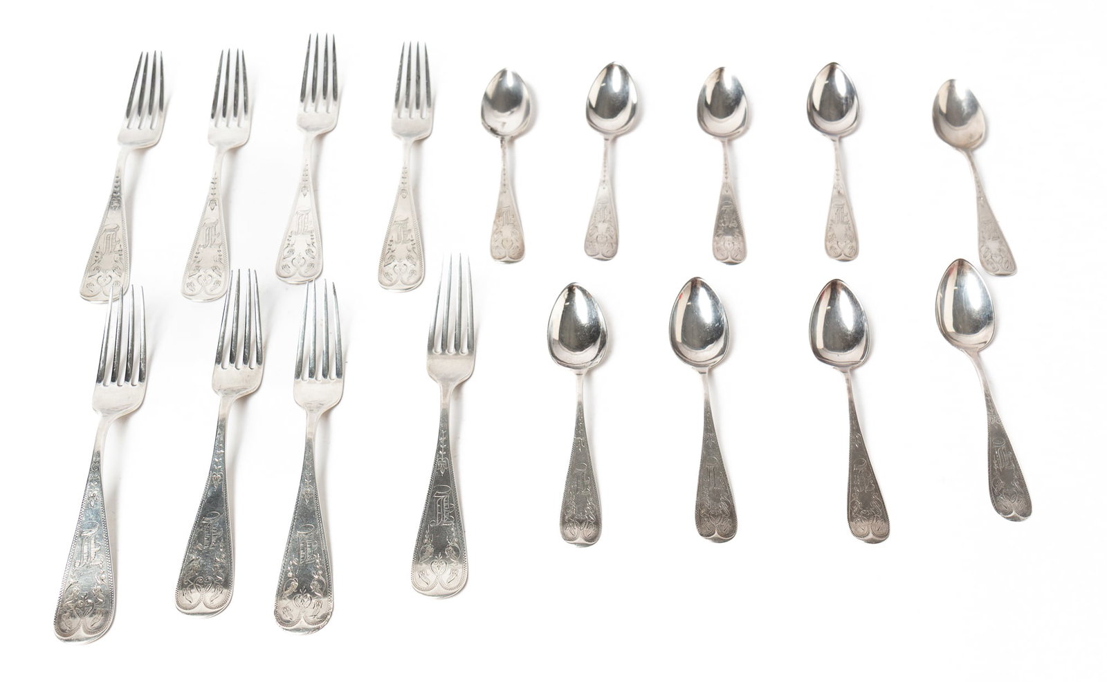SEVENTEEN DUHME (CINCINNATI, OHIO) COIN SILVER FORKS AND SPOONS WITH BRIGHTWORK ENGRAVED HANDLES. (1 of 5)
