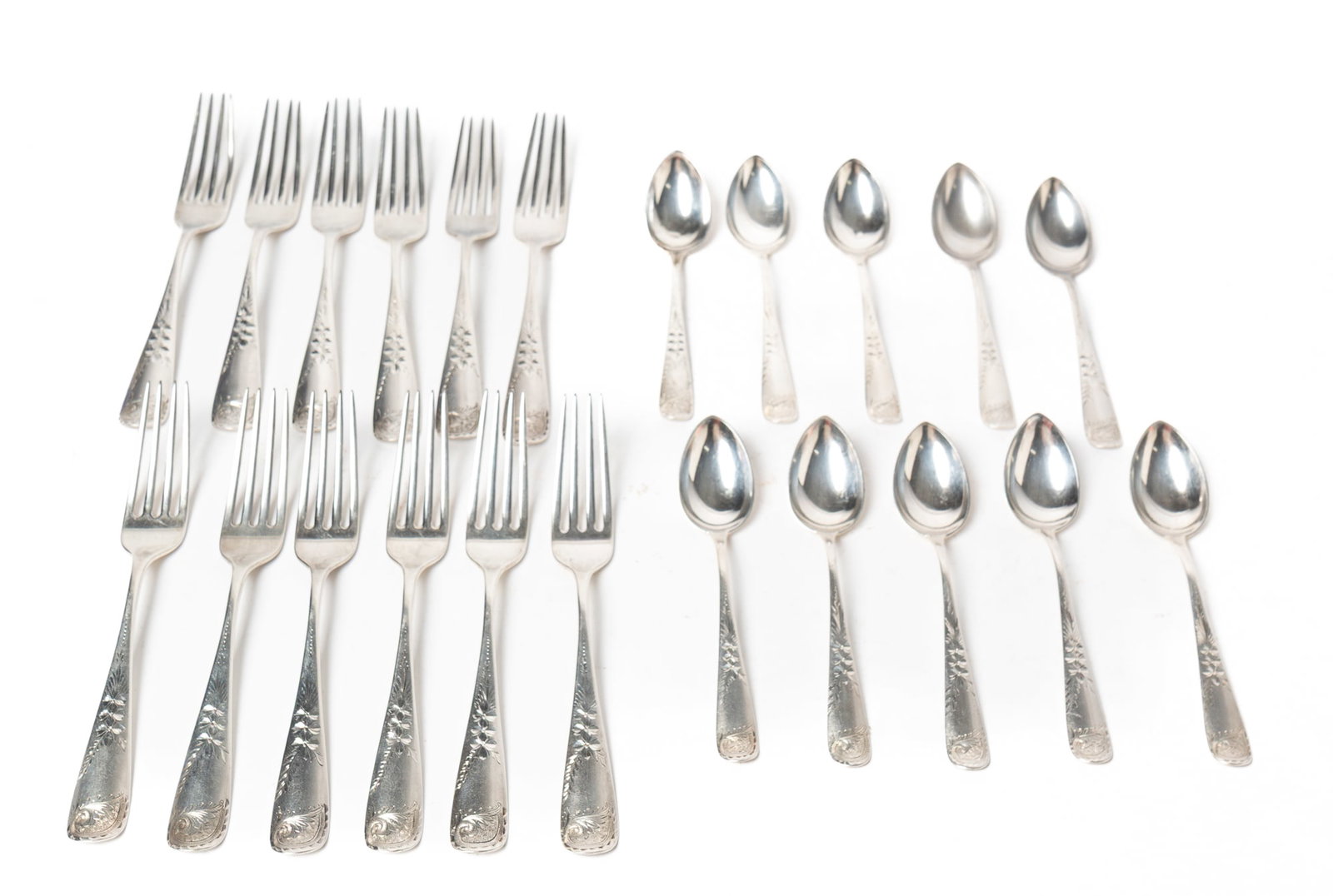 TWENTY-TWO DUHME (CINCINNATI, OHIO) STERLING FORKS AND SPOONS WITH BRIGHTWORK ENGRAVED HANDLES. (1 of 4)