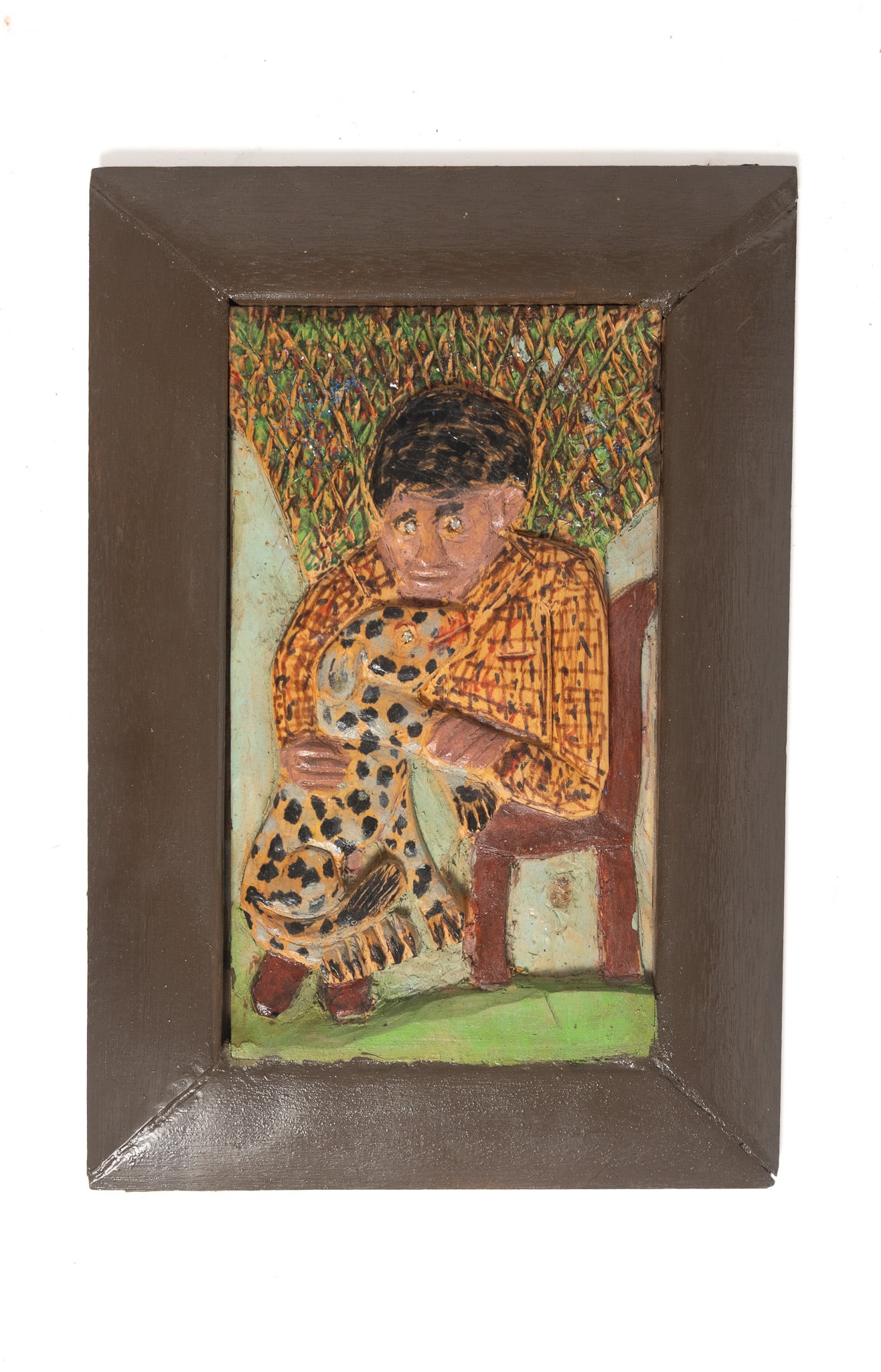 ELIJAH PIERCE (OHIO, 1892 - 1984) FOLK ART CARVED AND PAINTED WOOD PLAQUE "BOY'S LOVE.": ELIJAH PIERCE (OHIO, 1892 - 1984) FOLK ART CARVED AND PAINTED WOOD PLAQUE "BOY'S LOVE." American, 20th Century (dated May 3, 1977). Wood, paint, glitter, and cubic zirconia. Sweet relief-carved depict