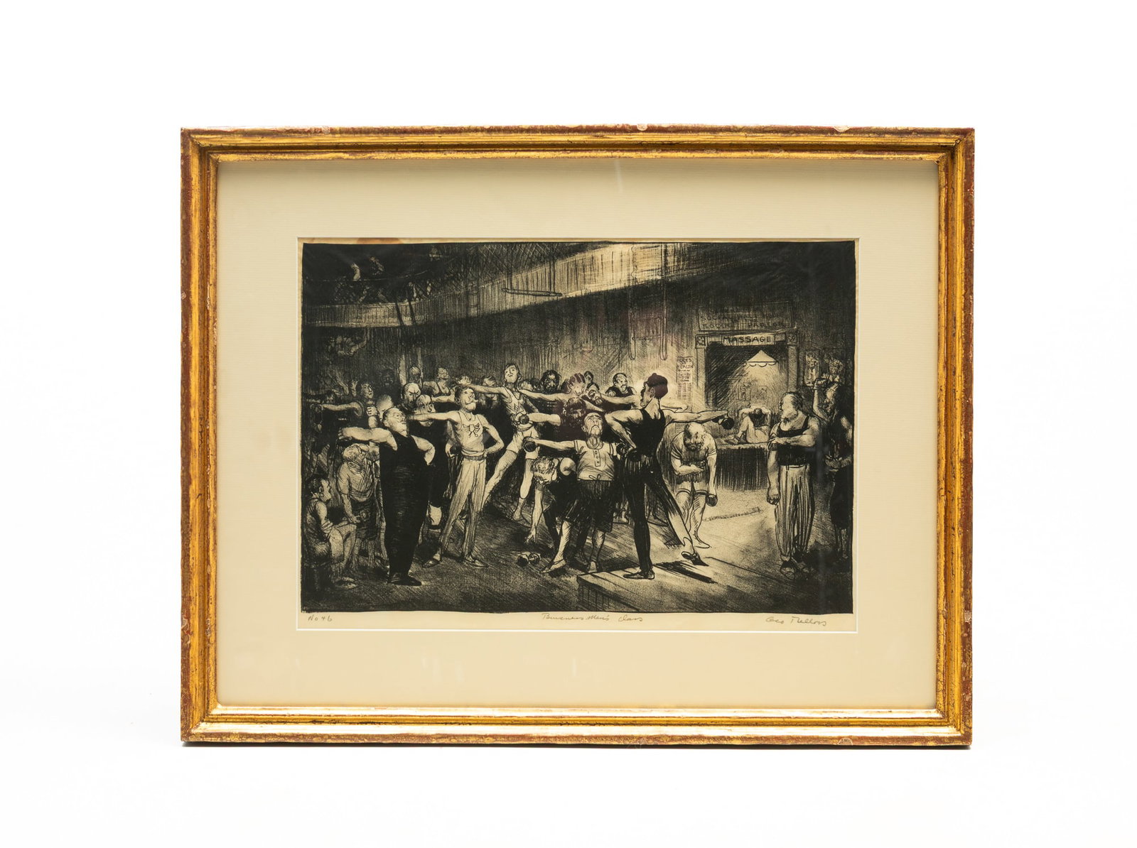 GEORGE WESLEY BELLOWS (NEW YORK & OHIO, 1882 - 1925) "BUSINESS MEN'S CLASS," 1916, LITHOGRAPH ON: GEORGE WESLEY BELLOWS (NEW YORK & OHIO, 1882 - 1925) "BUSINESS MEN'S CLASS," 1916, LITHOGRAPH ON PAPER. American, late 19th and early 20th Century. Depicting a group of men exercising. Numbered "No 46