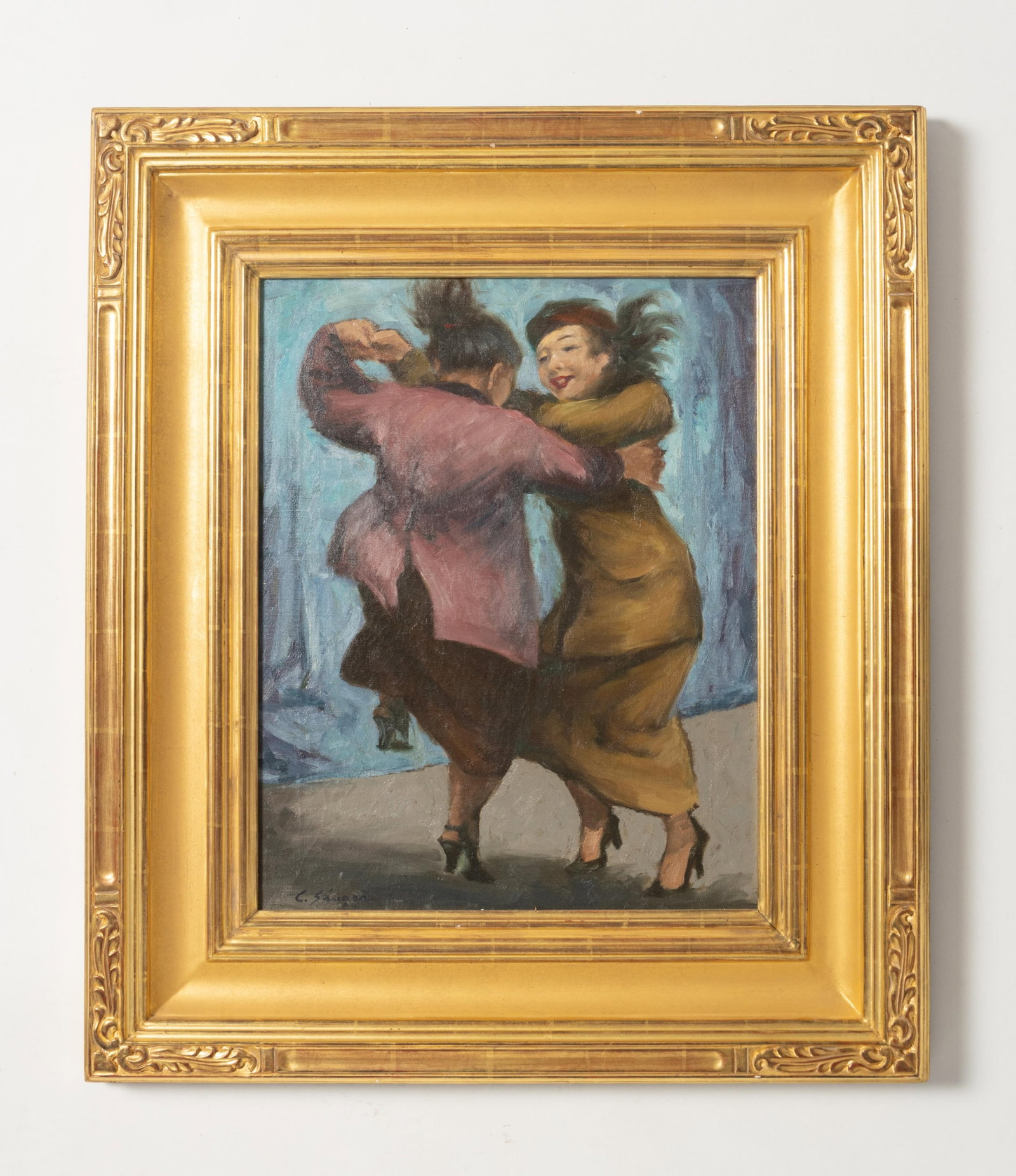 CLYDE SINGER (OHIO, 1908 - 1999) "NEW YEAR'S EVE" OIL ON CANVAS.: CLYDE SINGER (OHIO, 1908 - 1999) "NEW YEAR'S EVE" OIL ON CANVAS. American, 20th Century. Oil on canvas in a gilt frame. Two women in fine dress dancing joyfully. Signed lower left "C. Singer"; titled 
