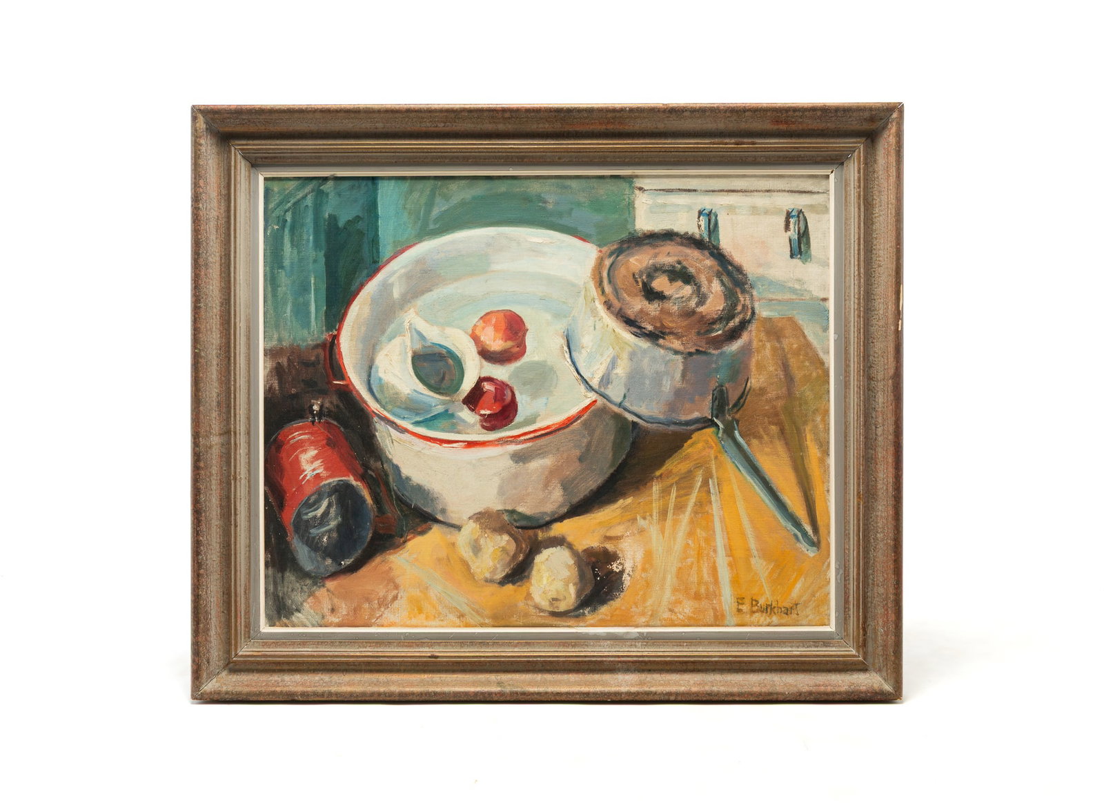 EMERSON BURKHART (OHIO, 1905 - 1969) "KITCHEN STILL LIFE" OIL ON CANVAS.: EMERSON BURKHART (OHIO, 1905 - 1969) "KITCHEN STILL LIFE" OIL ON CANVAS. American, 20th Century. Oil on canvas still life with porcelain cream pan, produce, and a pot. Signed "E Burkhart" at lower rig