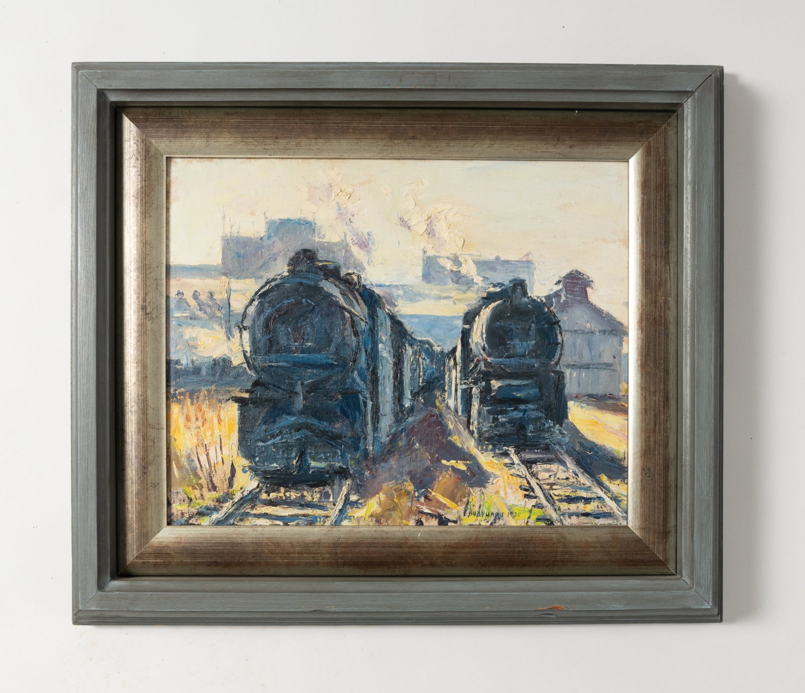 EMERSON BURKHART (OHIO, 1905 - 1969) "IRON HORSES" OIL ON CANVASBOARD.: EMERSON BURKHART (OHIO, 1905 - 1969) "IRON HORSES" OIL ON CANVASBOARD. American, 20th Century. Depicting the front view of two side-by-side locomotives billowing steam, on tracks in a railyard with bu