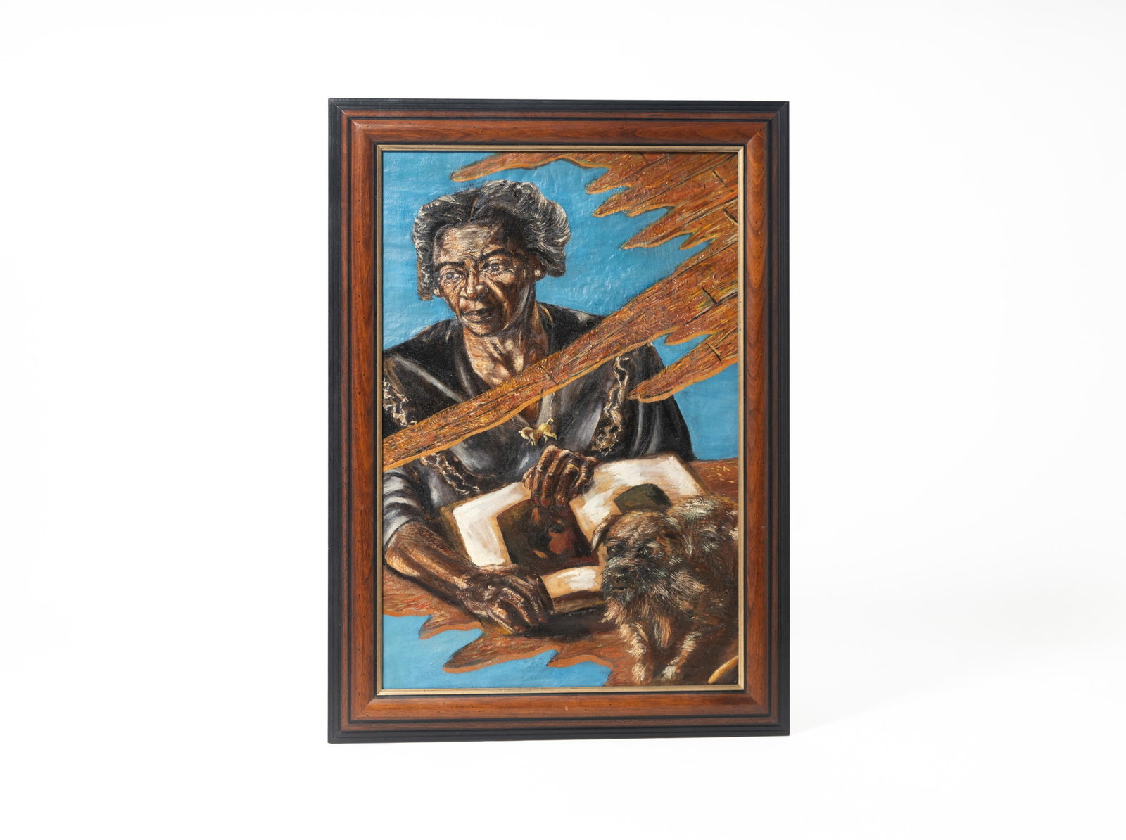 ROMAN JOHNSON (OHIO, 1917 - 2005) OIL ON CANVAS PORTRAIT OF THE ARTIST'S MOTHER.: ROMAN JOHNSON (OHIO, 1917 - 2005) OIL ON CANVAS PORTRAIT OF THE ARTIST'S MOTHER. American, 20th Century. Depicting a woman holding an open book on a table next to her scruffy dog, with elements of woo