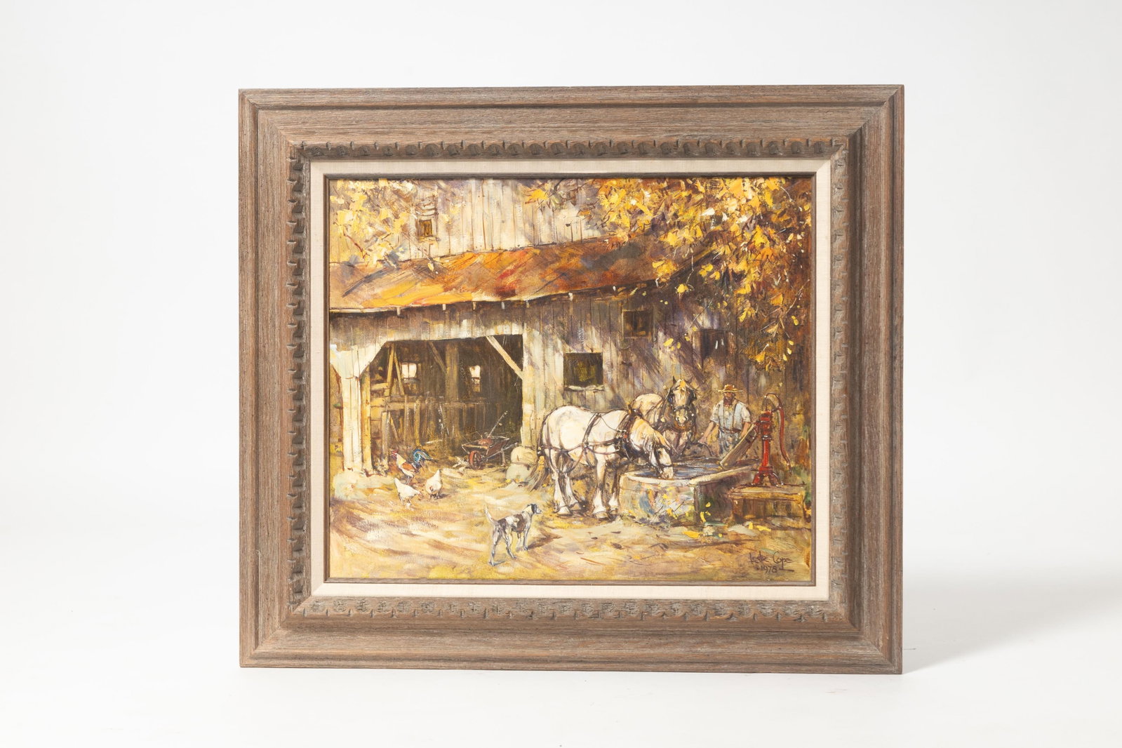 LESLIE COPE (OHIO, 1913 - 2002) OIL ON CANVAS OF BARNYARD SCENE WITH HORSES.: LESLIE COPE (OHIO, 1913 - 2002) OIL ON CANVAS OF BARNYARD SCENE WITH HORSES. American (Mt. Hope, Ohio), Dated 1978. An autumnal barnyard scene with horses by a trough, a farmer, chickens, and a dog. S