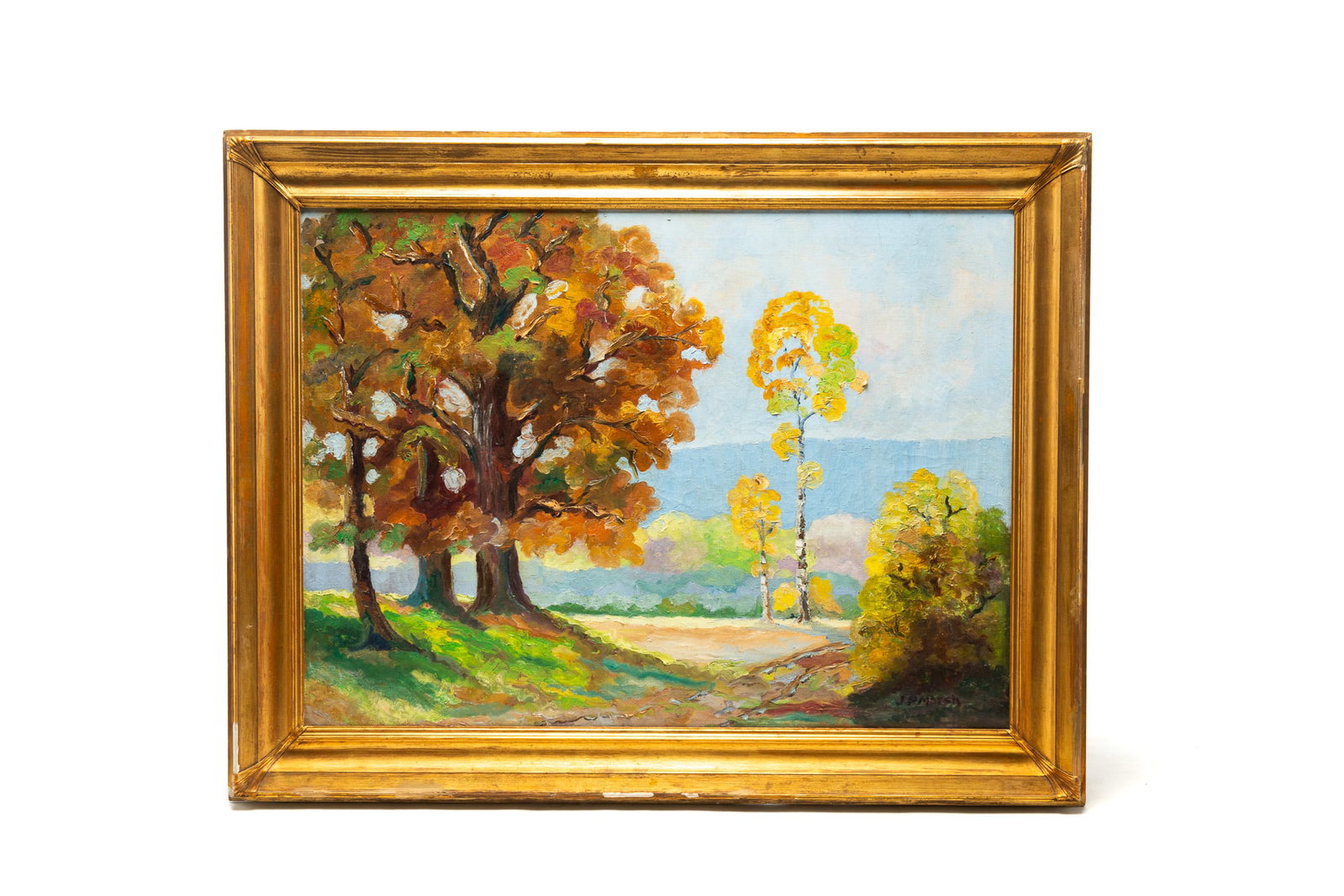 JOHN PAUL "J.P." MARSH (INDIANA, 1886 - 1939) "NASHVILLE, INDIANA" OIL ON CANVAS.: JOHN PAUL "J.P." MARSH (INDIANA, 1886 - 1939) "NASHVILLE, INDIANA" OIL ON CANVAS. American, Early 20th Century. Bright sunny landscape showing trees with a mountainous background. Signed lower right. 