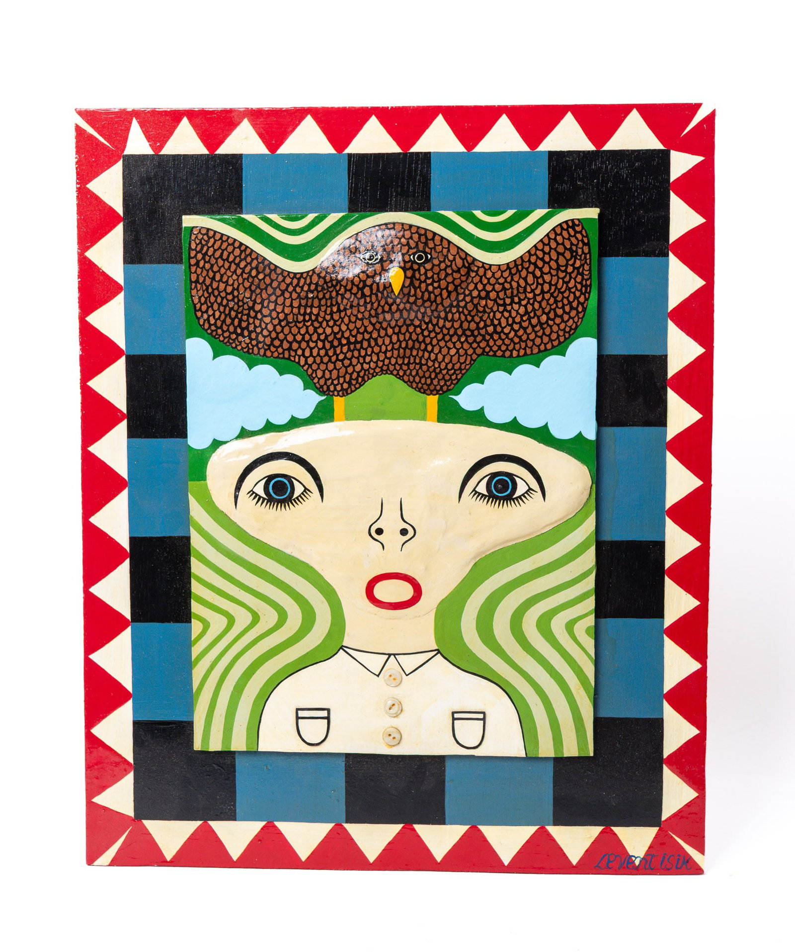LEVENT ISIK (OHIO, 1961 - 2017) "THE WISE MAN".: LEVENT ISIK (OHIO, 1961 - 2017) "THE WISE MAN". American, Dated 2011. Mixed media. Signed, dated, and titled to back. 17"h. 14"w. Provenance: The Lifetime Collection of Ron & the late Betty Kozlowski 