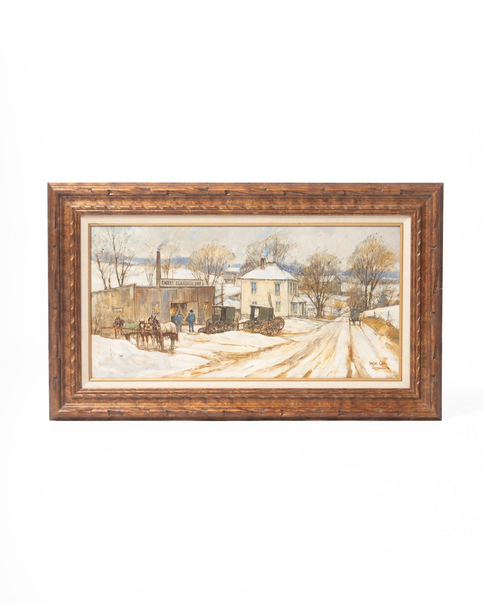 LESLIE COPE (OHIO, 1913 - 2002) COUNTRYSIDE LANDSCAPE.: LESLIE COPE (OHIO, 1913 - 2002) COUNTRYSIDE LANDSCAPE. American (Mt. Hope, Ohio), Dated 1974. Oil on board. Depicts a winter scene with a snow-covered street, horses and buggies at "Raber's Blacksmith