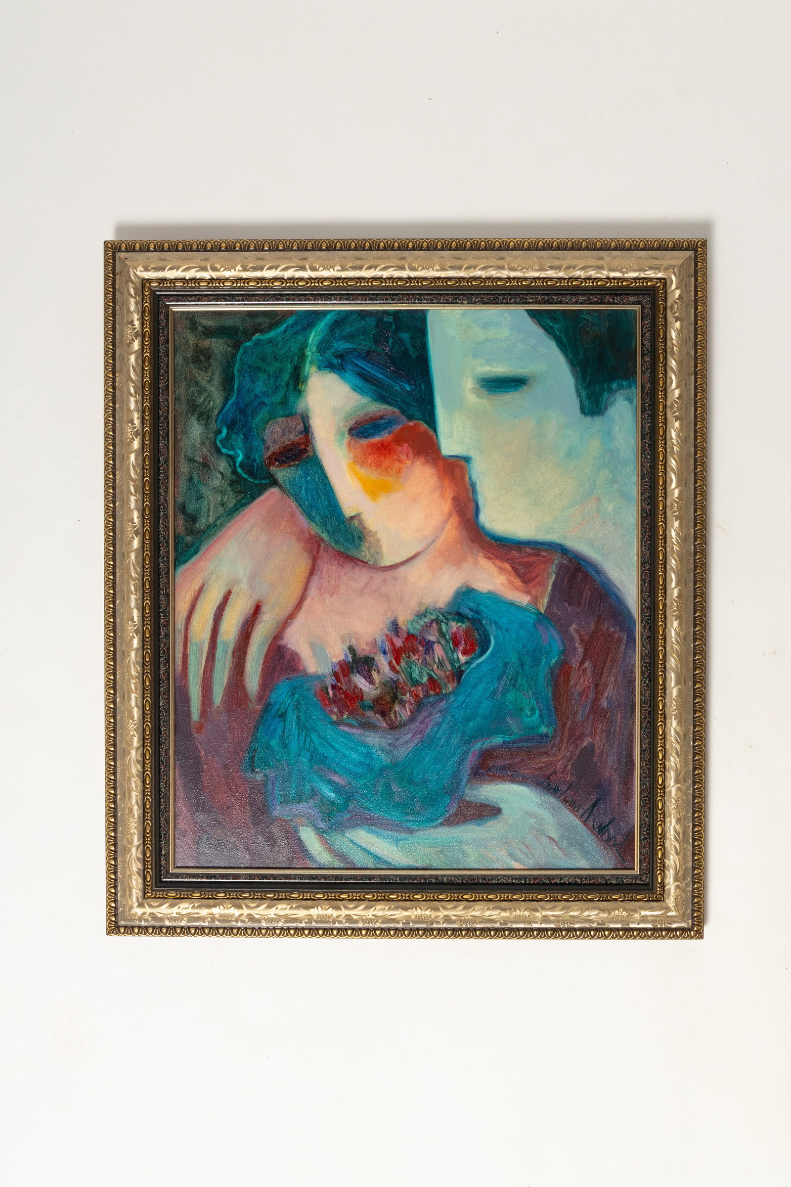 BARBARA A. WOOD (OHIO), OIL ON CANVAS.: BARBARA A. WOOD (OHIO), OIL ON CANVAS. American, 20th Century. Signed lower right. A view of a woman holding a bouquet of flowers and being embraced. Canvas, 24"h. 20"w. In a contemporary frame, 30"h.