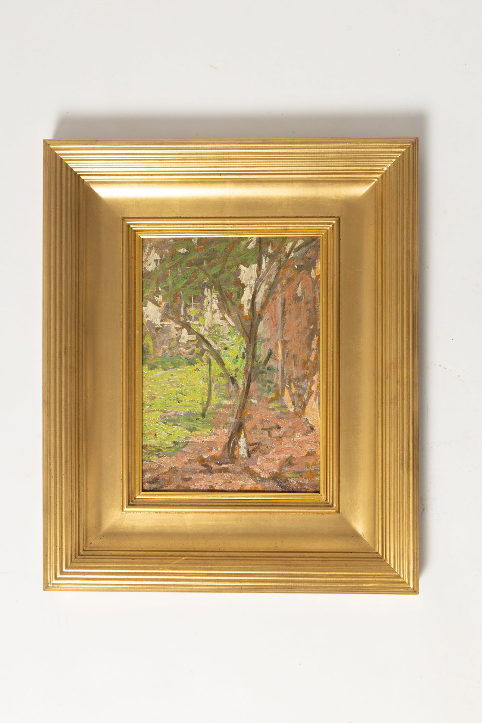 JESSE DEVINEY (OHIO, 1883 - 1941) "VIEW FROM MY WINDOW" OIL ON BOARD.: JESSE DEVINEY (OHIO, 1883 - 1941) "VIEW FROM MY WINDOW" OIL ON BOARD. American, 20th Century. Oil on canvas board. An impressionistic landscape with a tree to center. Back of board with a work-in-prog