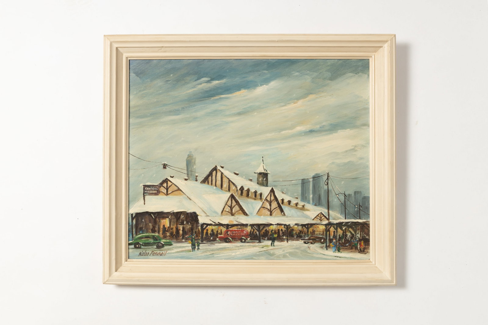 NOLAN PENNELL (OHIO, 1894 - 1972) "CENTRAL MARKET, 1966" OIL ON CANVAS BOARD.: NOLAN PENNELL (OHIO, 1894 - 1972) "CENTRAL MARKET, 1966" OIL ON CANVAS BOARD. American, 20th Century. Oil on canvas board. Depicting the Central Market under a layer of snow filled with people shoppin
