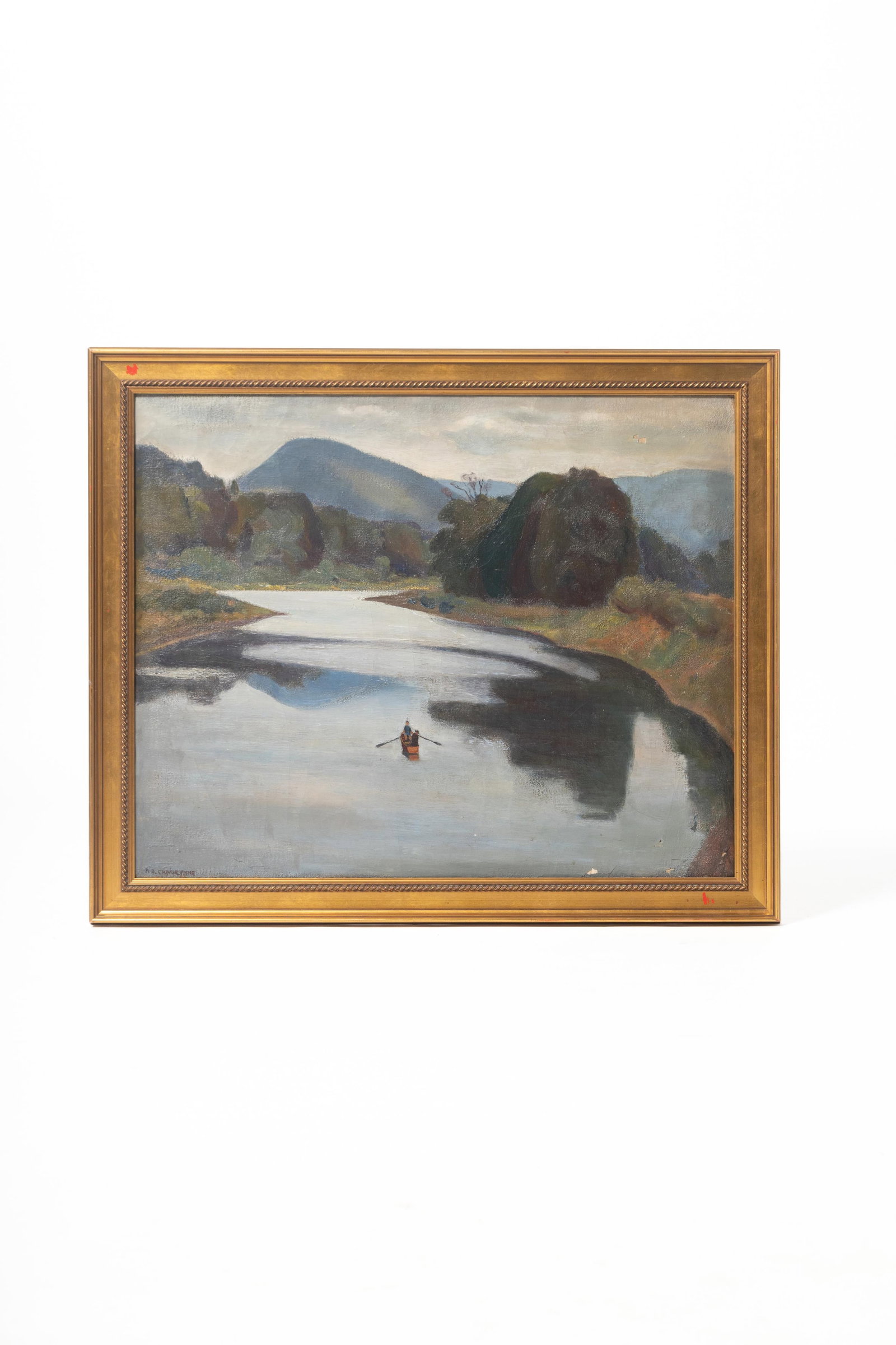 ROBERT OSBORNE CHADEAYNE (COLUMBUS, OHIO, 1897 - 1981) OIL ON CANVAS LANDSCAPE.: ROBERT OSBORNE CHADEAYNE (COLUMBUS, OHIO, 1897 - 1981) OIL ON CANVAS LANDSCAPE. American, 20th Century. Depicting two figures in a rowboat on a body of water reflecting the trees along the banks, with