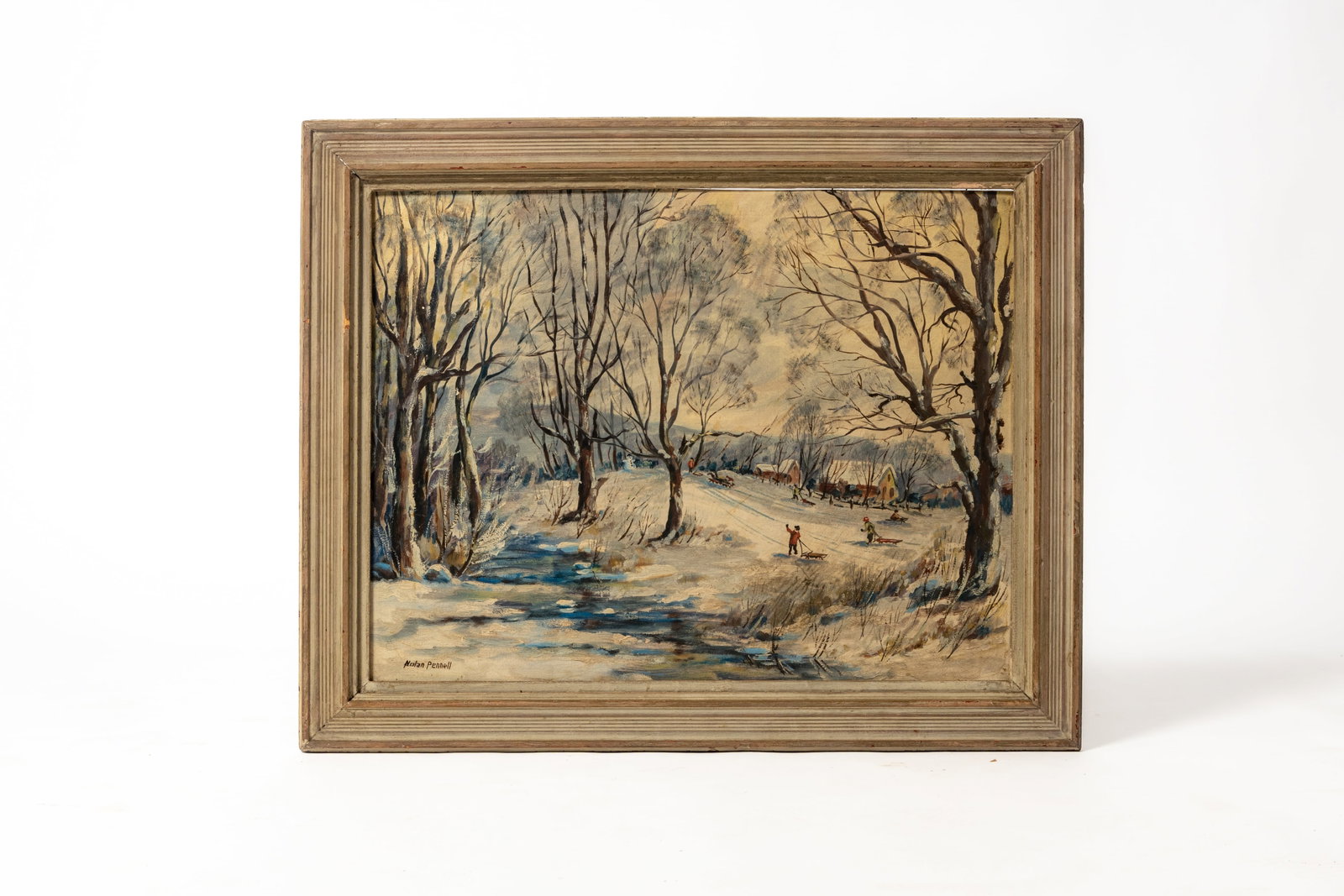 NOLAN PENNELL (OHIO, 1894 - 1972) OIL ON CANVAS BOARD WINTER LANDSCAPE.: NOLAN PENNELL (OHIO, 1894 - 1972) OIL ON CANVAS BOARD WINTER LANDSCAPE. American, 20th Century. Oil on canvas board. Depicting a snow-filled landscape with children pulling sleds. Signed lower left. S