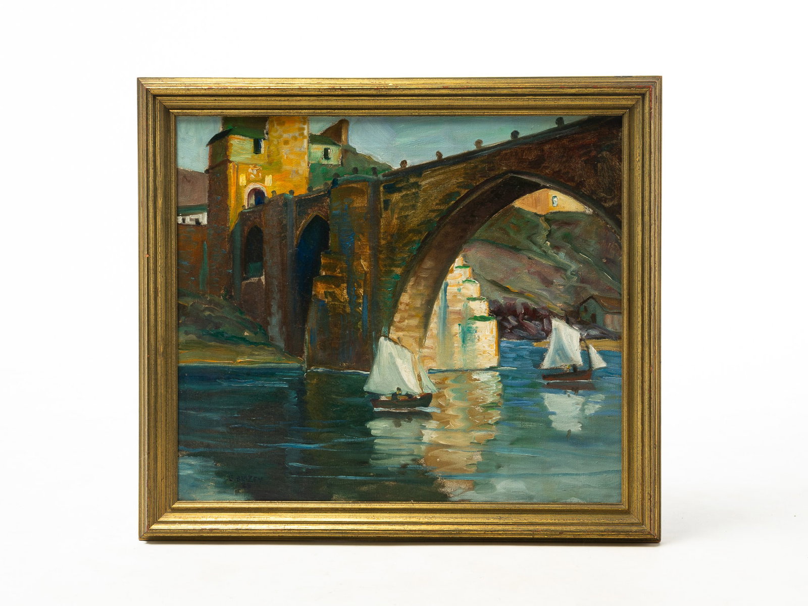LAWRENCE EDWIN BLAZEY (CLEVELAND, OHIO, 1902 - 1999) LANDSCAPE OIL ON CANVAS.: LAWRENCE EDWIN BLAZEY (CLEVELAND, OHIO, 1902 - 1999) LANDSCAPE OIL ON CANVAS. American, 20th Century. Signed lower left. Landscape showing a tall stone bridge over water with two sailboats. Sight, 20"