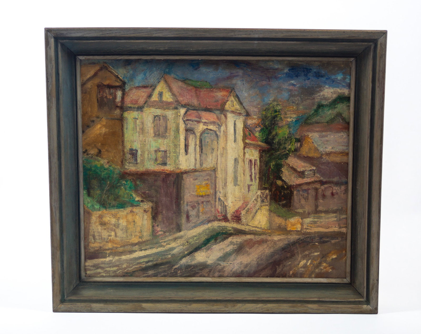 ANNA LOUISE THORNE (OHIO, 1866 - 1965) IMPRESSIONISTIC CITYSCAPE OIL ON CANVAS.: ANNA LOUISE THORNE (OHIO, 1866 - 1965) IMPRESSIONISTIC CITYSCAPE OIL ON CANVAS. American, 20th Century. Oil on canvas. Signed lower right. Depicting an impressionistic view of a house-lined street. Wr