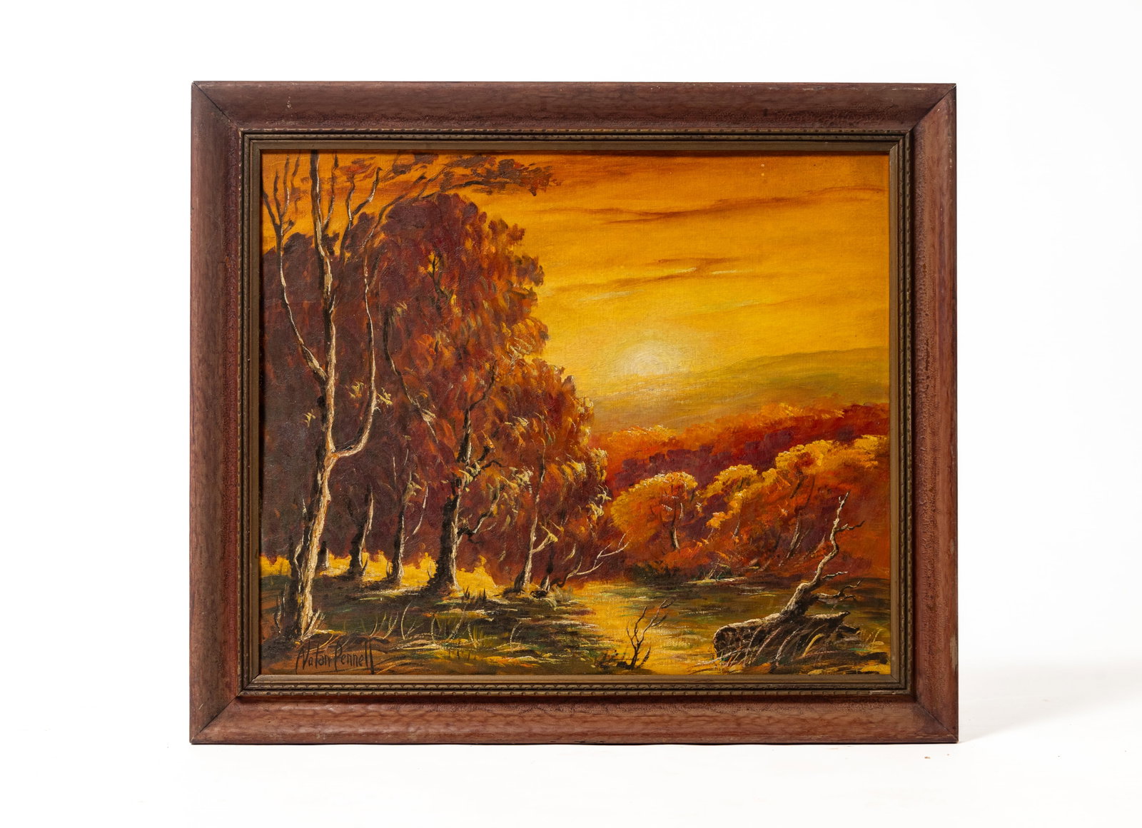 NOLAN PENNELL (OHIO, 1894 - 1972) OIL ON CANVAS BOARD AUTUMNAL LANDSCAPE.: NOLAN PENNELL (OHIO, 1894 - 1972) OIL ON CANVAS BOARD AUTUMNAL LANDSCAPE. American, 20th Century. Oil on canvas board. Depicting a bright landscape filled with trees and a rising sun. Signed and dated