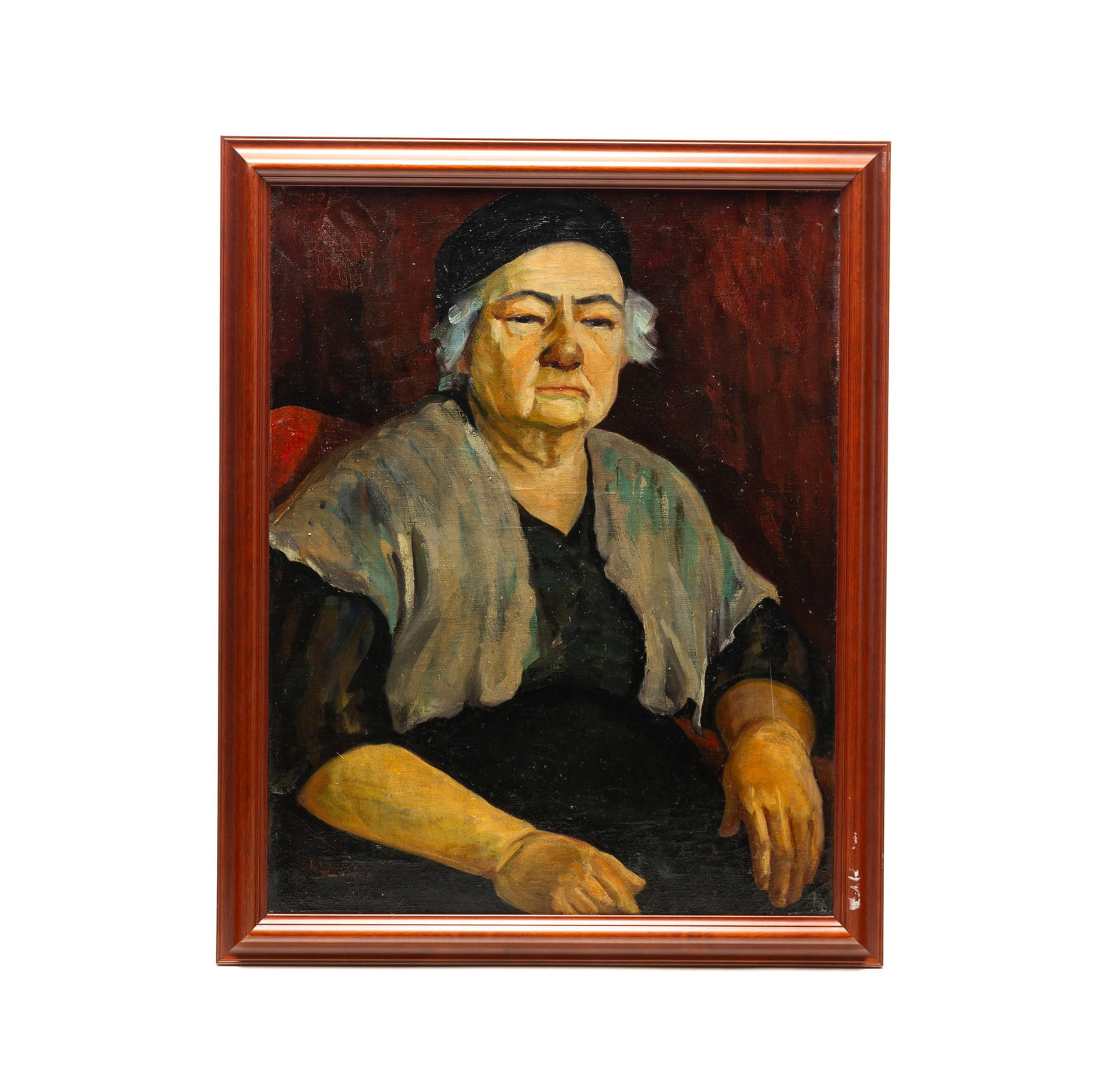 EVA SAMSON REAMER (OHIO) OIL ON CANVAS PORTRAIT OF A LADY.: EVA SAMSON REAMER (OHIO) OIL ON CANVAS PORTRAIT OF A LADY. American, 20th Century. Oil on canvas. Signed lower left. Seated woman wearing a black dress, white shawl, black hat with white hair tufts po