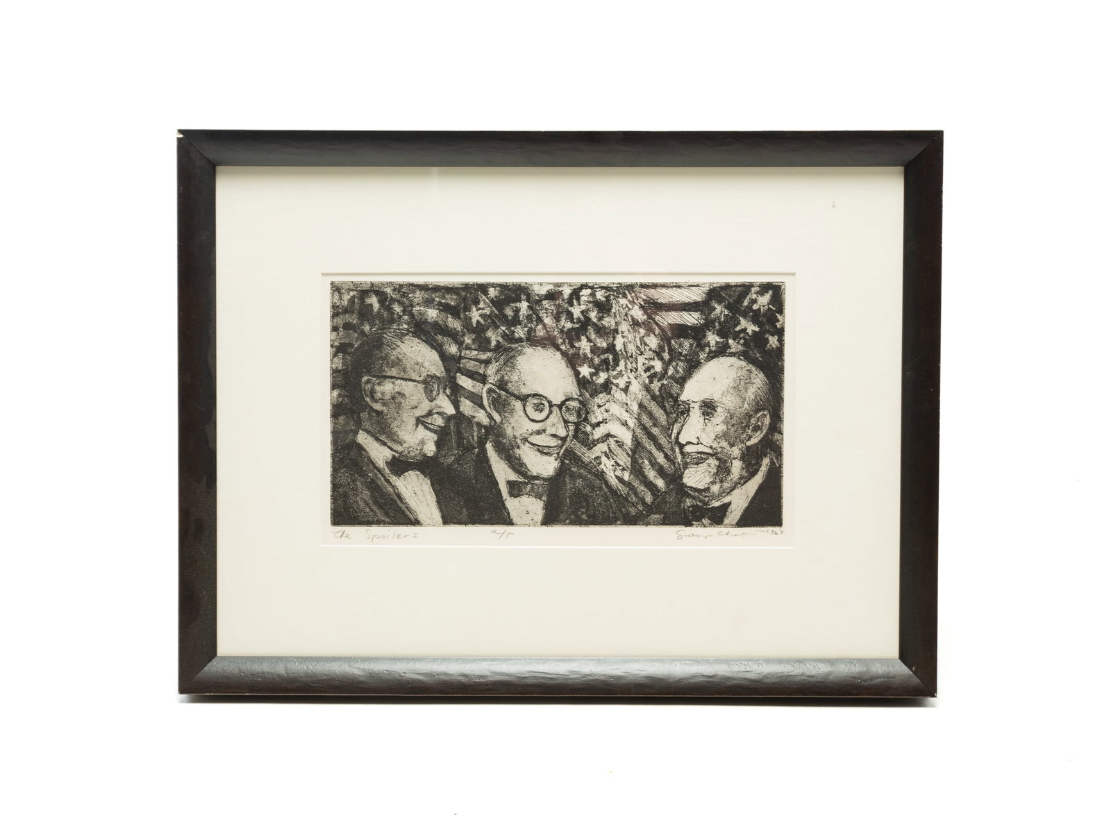SIDNEY CHAFETZ (OHIO, 1922 - 2013) "THE SPOILERS" ETCHING, DATED 1968.: SIDNEY CHAFETZ (OHIO, 1922 - 2013) "THE SPOILERS" ETCHING, DATED 1968. American, 20th Century. Titled, editioned A/P, signed, and dated in pencil along lower margin. Matted and framed behind glass. Si