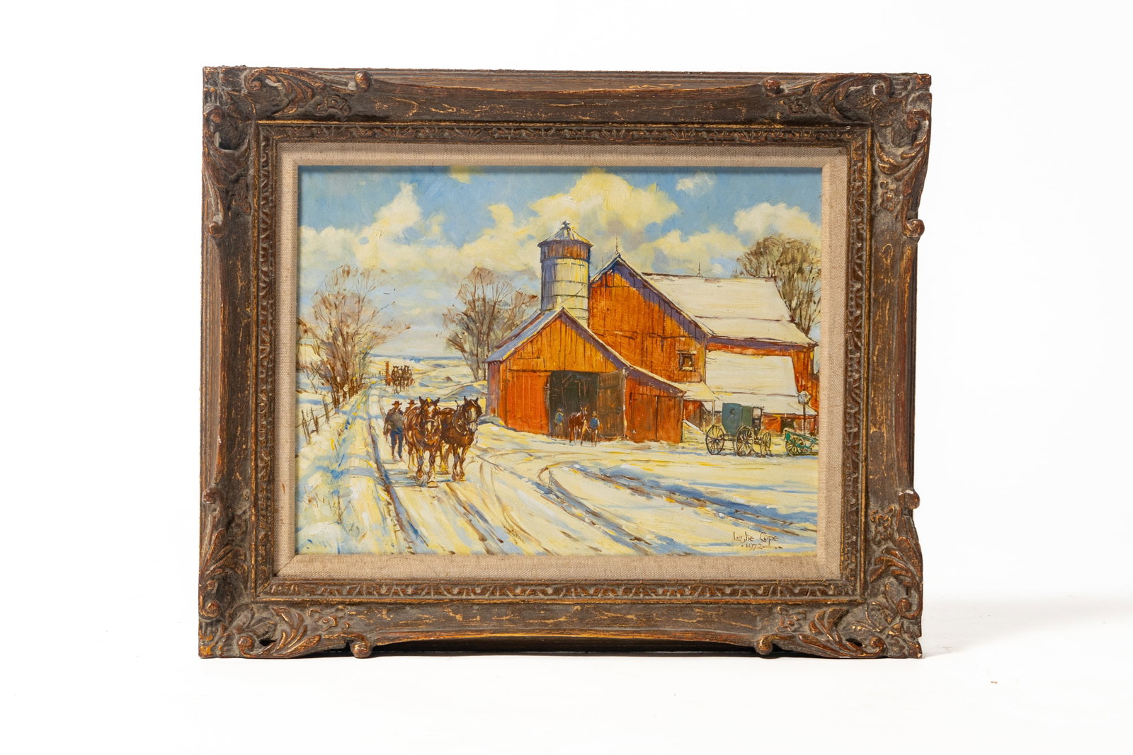 LESLIE COPE (OHIO, 1913 - 2002) OIL ON BOARD OF A WINTRY FARM SCENE. (1 of 2)
